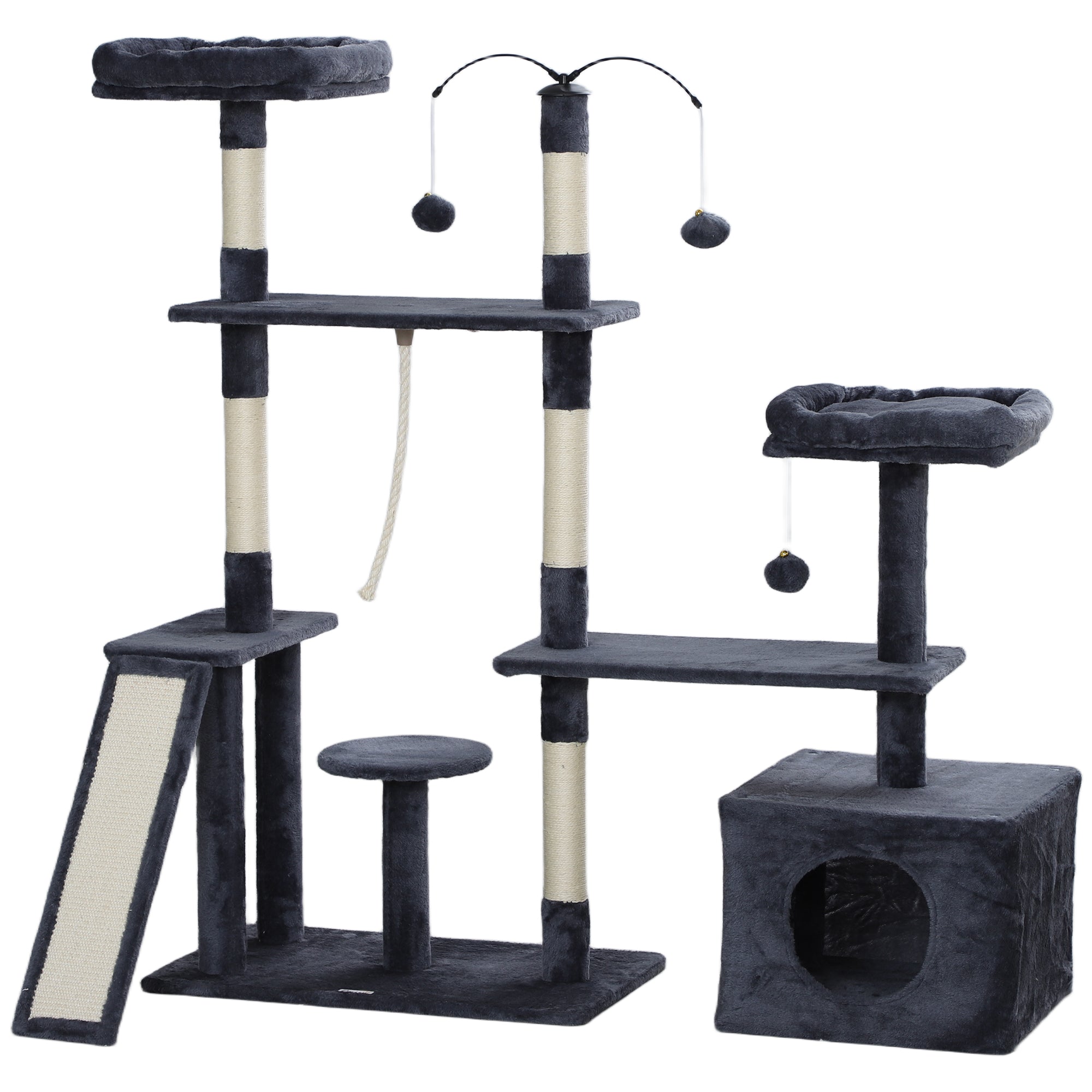 53" Cat Tree, Multi-Level Cat Tower for Indoor Cats with Sisal Scratching Posts, Cat Condo, Beds, Platforms, Ramp, Toy Balls, Cat Activity Center, Dark Grey