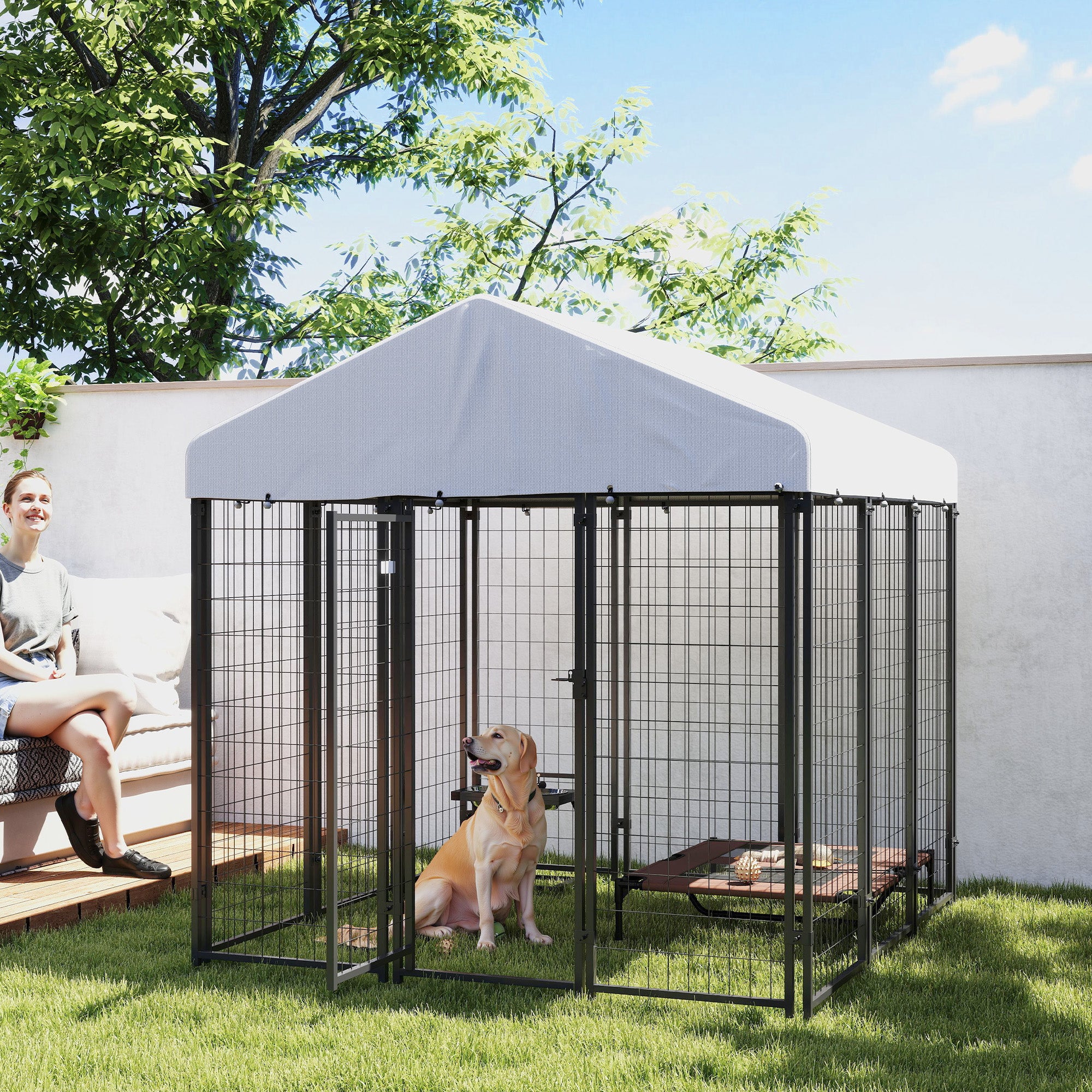 6' x 6' x 6' Outdoor Dog Kennel, Lockable Dog Run Crate with Waterproof UV-Resistant Cover, Welded Wire Steel Fence for Large Dogs, Silver