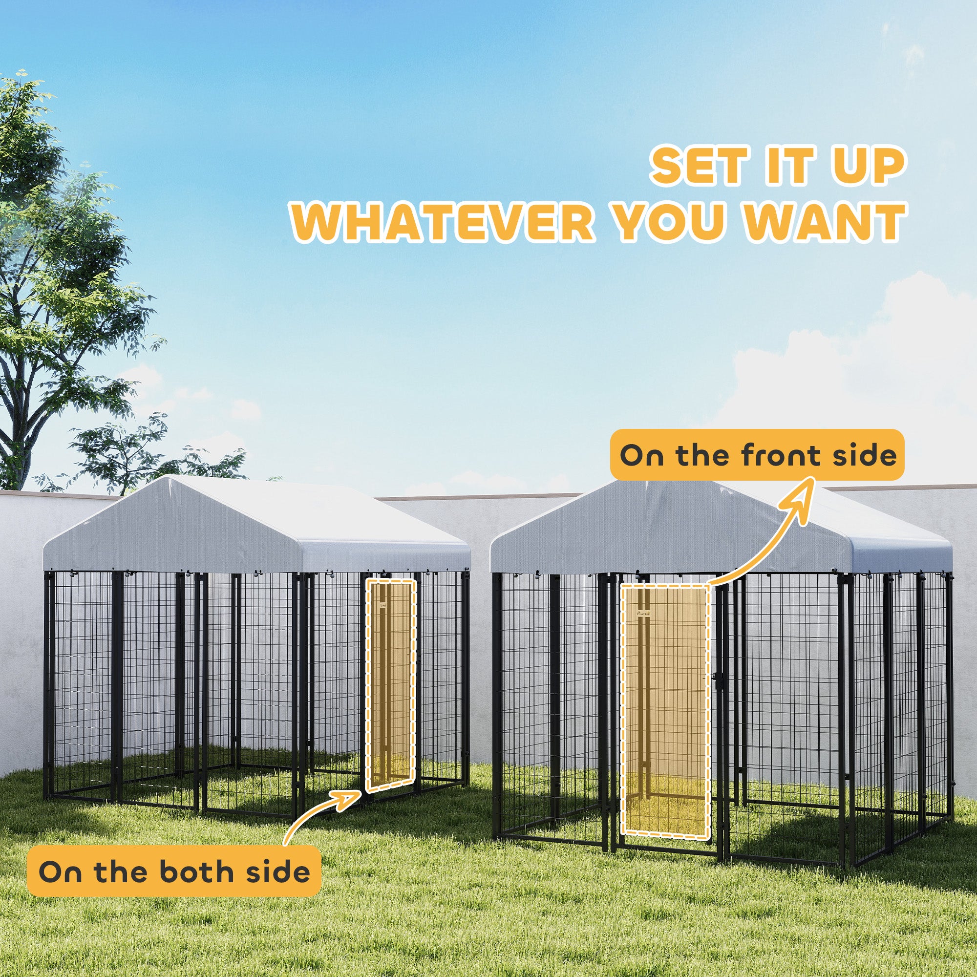 6' x 6' x 6' Outdoor Dog Kennel, Lockable Dog Run Crate with Waterproof UV-Resistant Cover, Welded Wire Steel Fence for Large Dogs, Silver