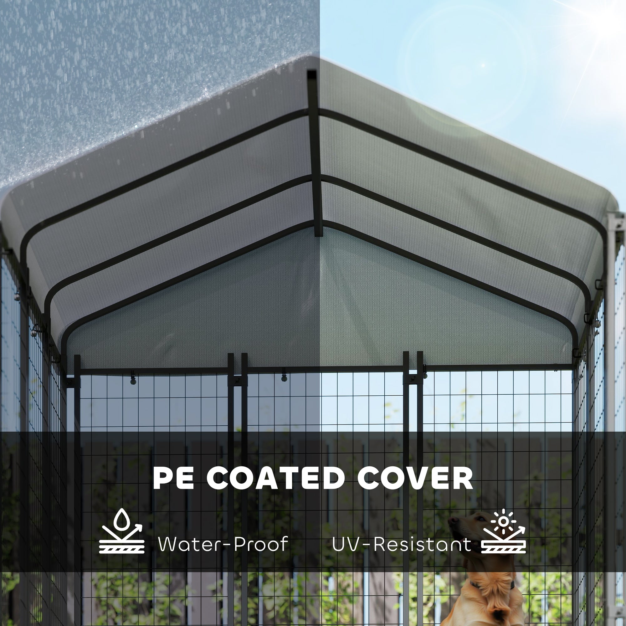 6' x 6' x 6' Outdoor Dog Kennel, Lockable Dog Run Crate with Waterproof UV-Resistant Cover, Welded Wire Steel Fence for Large Dogs, Silver