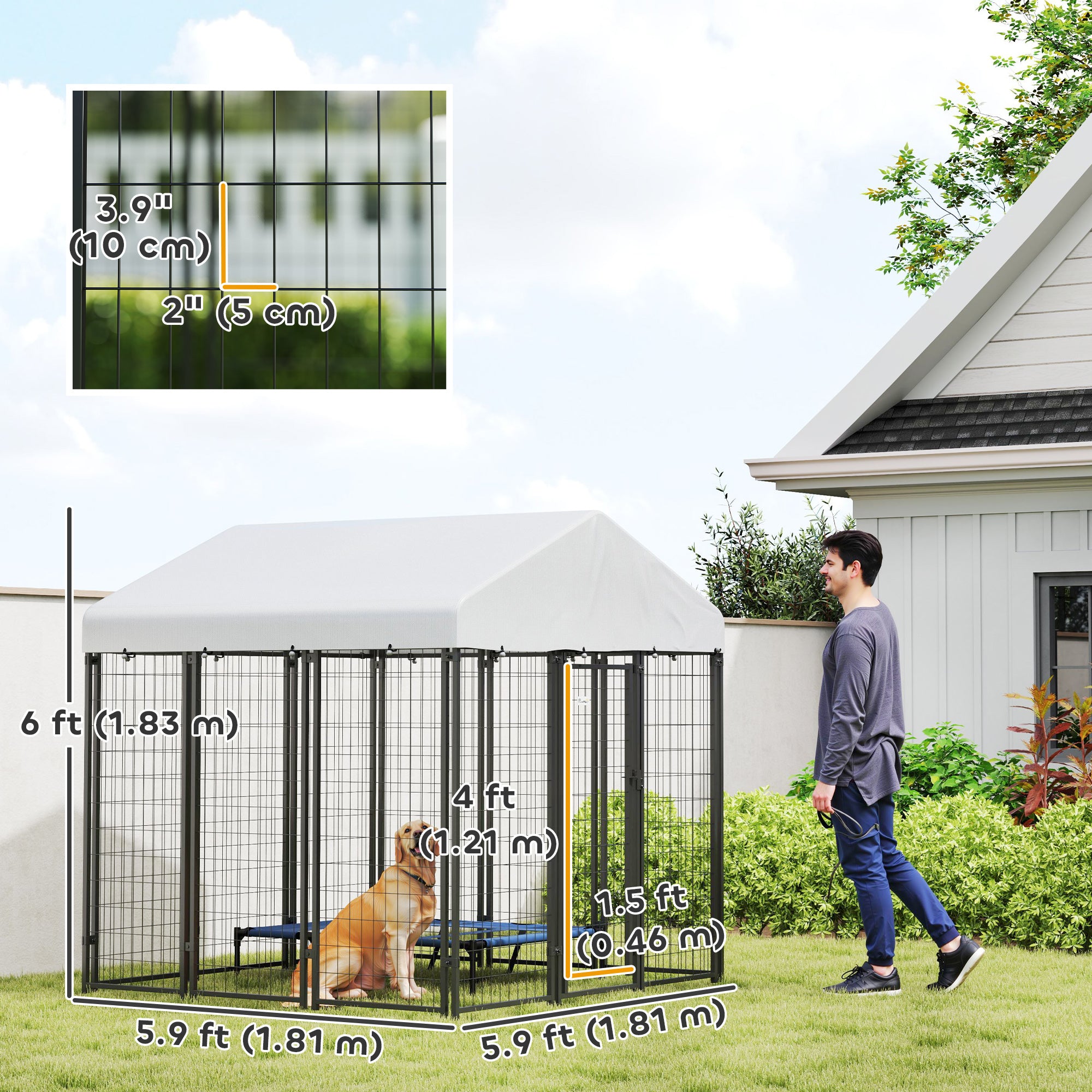 6' x 6' x 6' Outdoor Dog Kennel, Lockable Dog Run Crate with Waterproof UV-Resistant Cover, Welded Wire Steel Fence for Large Dogs, Silver