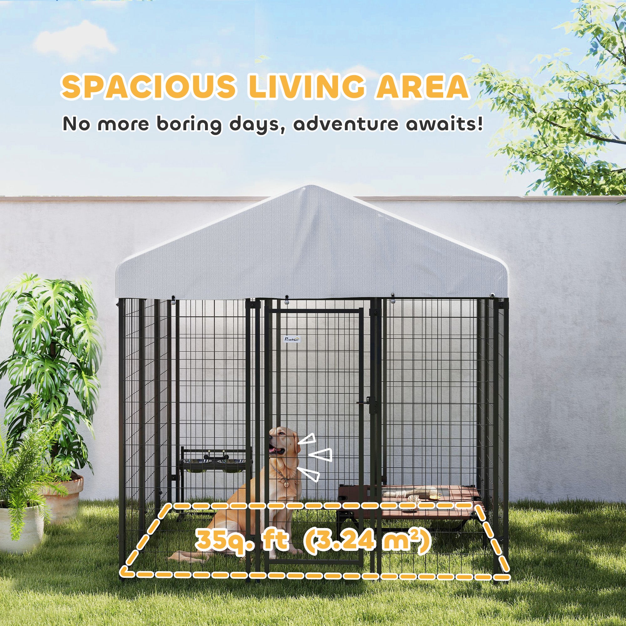 6' x 6' x 6' Outdoor Dog Kennel, Lockable Dog Run Crate with Waterproof UV-Resistant Cover, Welded Wire Steel Fence for Large Dogs, Silver