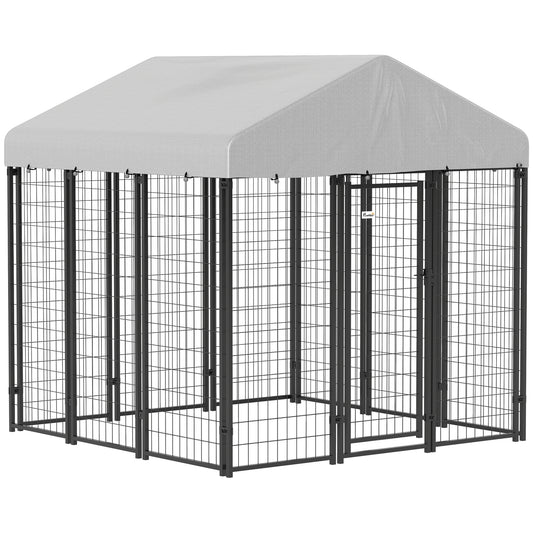 PawHut Outdoor Dog Kennel with Roof, 6' x 6' x 6' Heavy Duty Welded Wire Dog Playpen Enclosure with Escape-proof Lock, UV-Resistant & Waterproof Cover, for Large Dogs, Silver