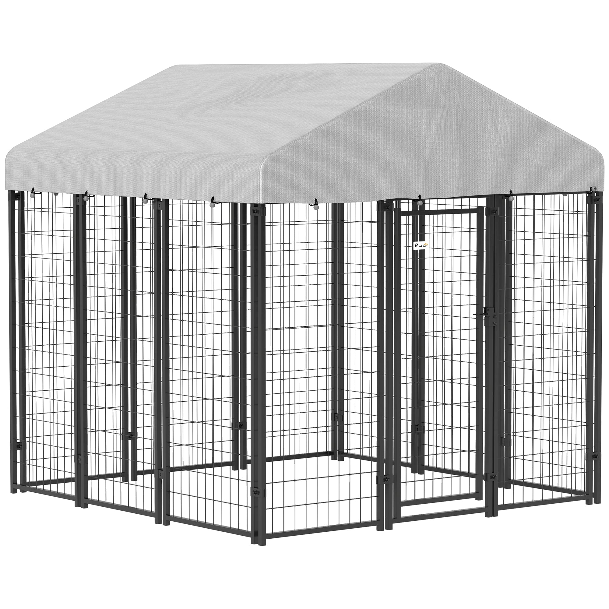 6' x 6' x 6' Outdoor Dog Kennel, Lockable Dog Run Crate with Waterproof UV-Resistant Cover, Welded Wire Steel Fence for Large Dogs, Silver