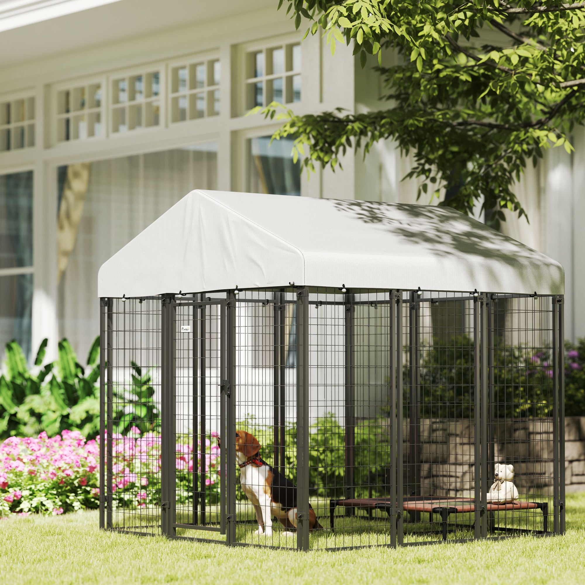 6' x 6' x 6' Outdoor Dog Kennel, Lockable Dog Run Crate with Waterproof UV-Resistant Cover, Welded Wire Steel Fence for Large Dogs, Silver