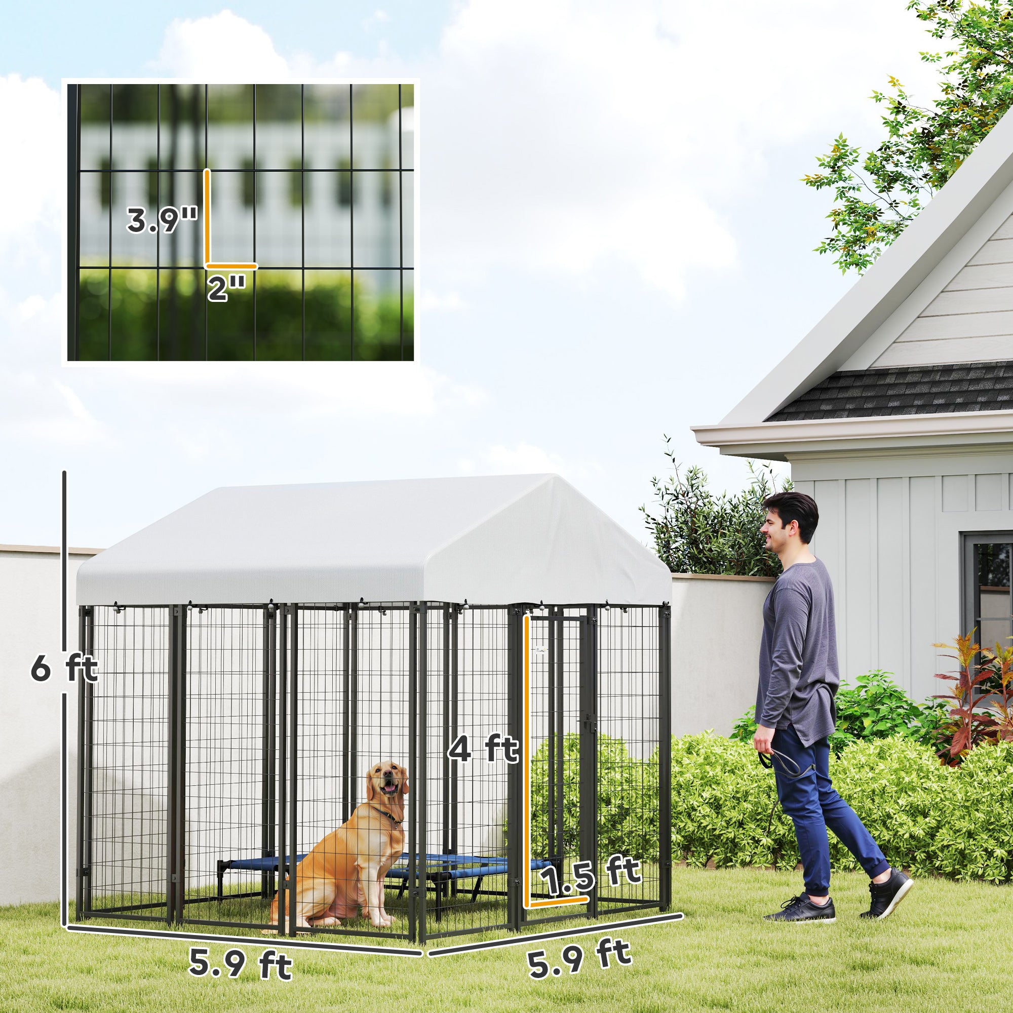 PawHut Outdoor Dog Kennel with Roof, 6' x 6' x 6' Heavy Duty Welded Wire Dog Playpen Enclosure with Escape-proof Lock, UV-Resistant & Waterproof Cover, for Large Dogs, Silver