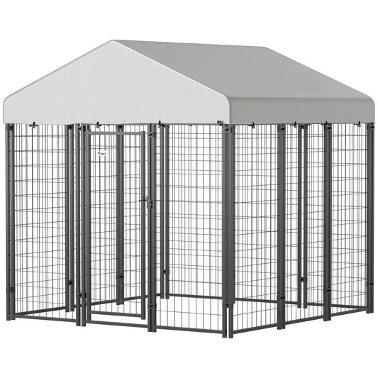 PawHut Outdoor Dog Kennel with Roof, 6' x 6' x 6' Heavy Duty Welded Wire Dog Playpen Enclosure with Escape-proof Lock, UV-Resistant & Waterproof Cover, for Large Dogs, Silver