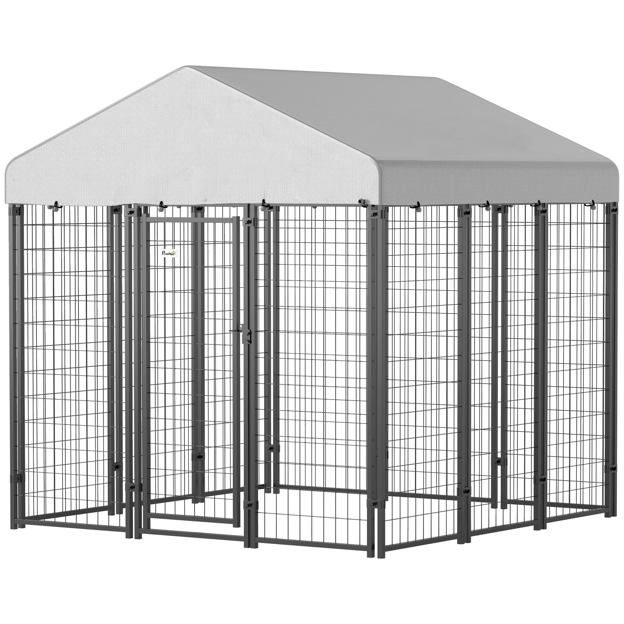 6' x 6' x 6' Outdoor Dog Kennel, Lockable Dog Run Crate with Waterproof UV-Resistant Cover, Welded Wire Steel Fence for Large Dogs, Silver