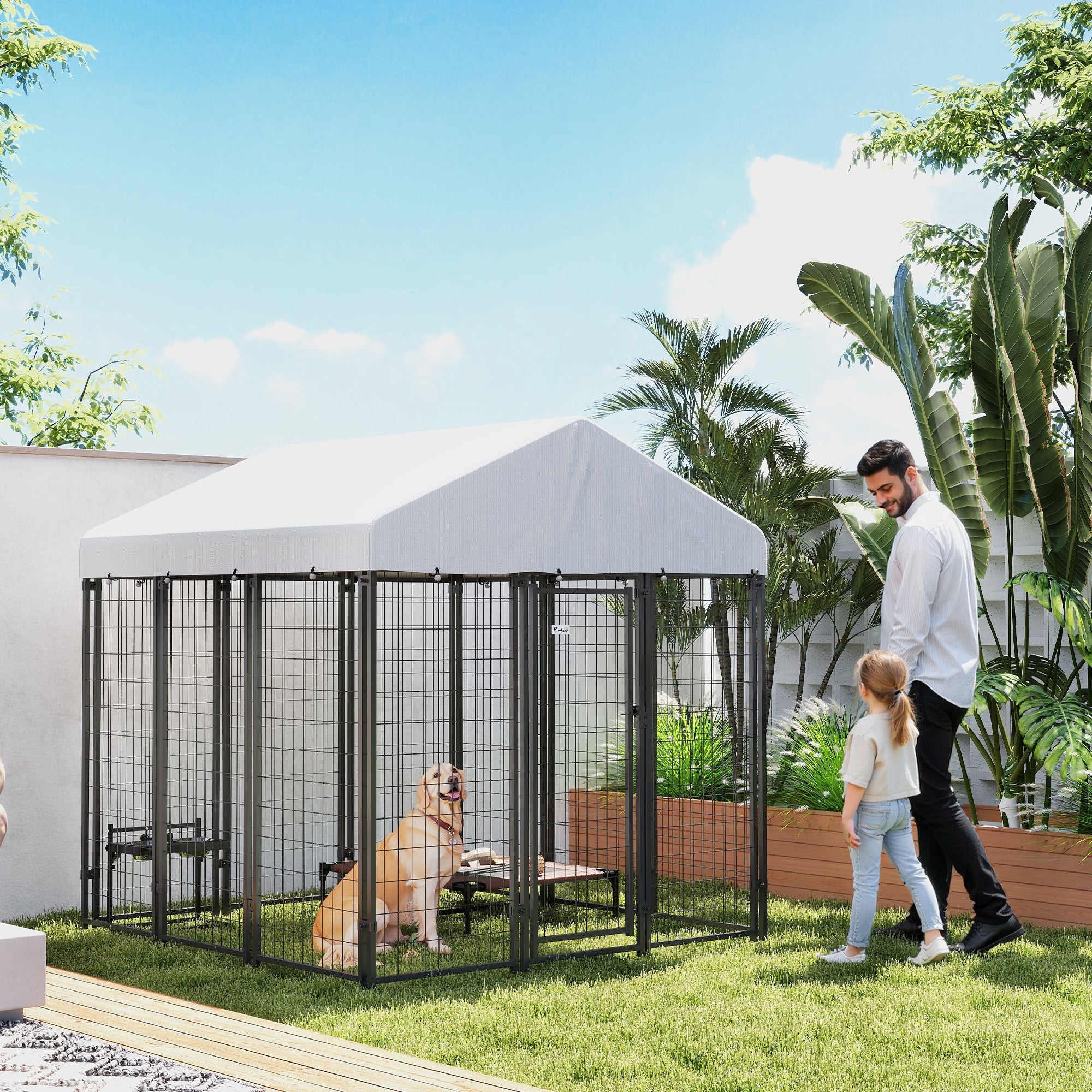 6' x 6' x 6' Outdoor Dog Kennel, Lockable Dog Run Crate with Waterproof UV-Resistant Cover, Welded Wire Steel Fence for Large Dogs, Silver