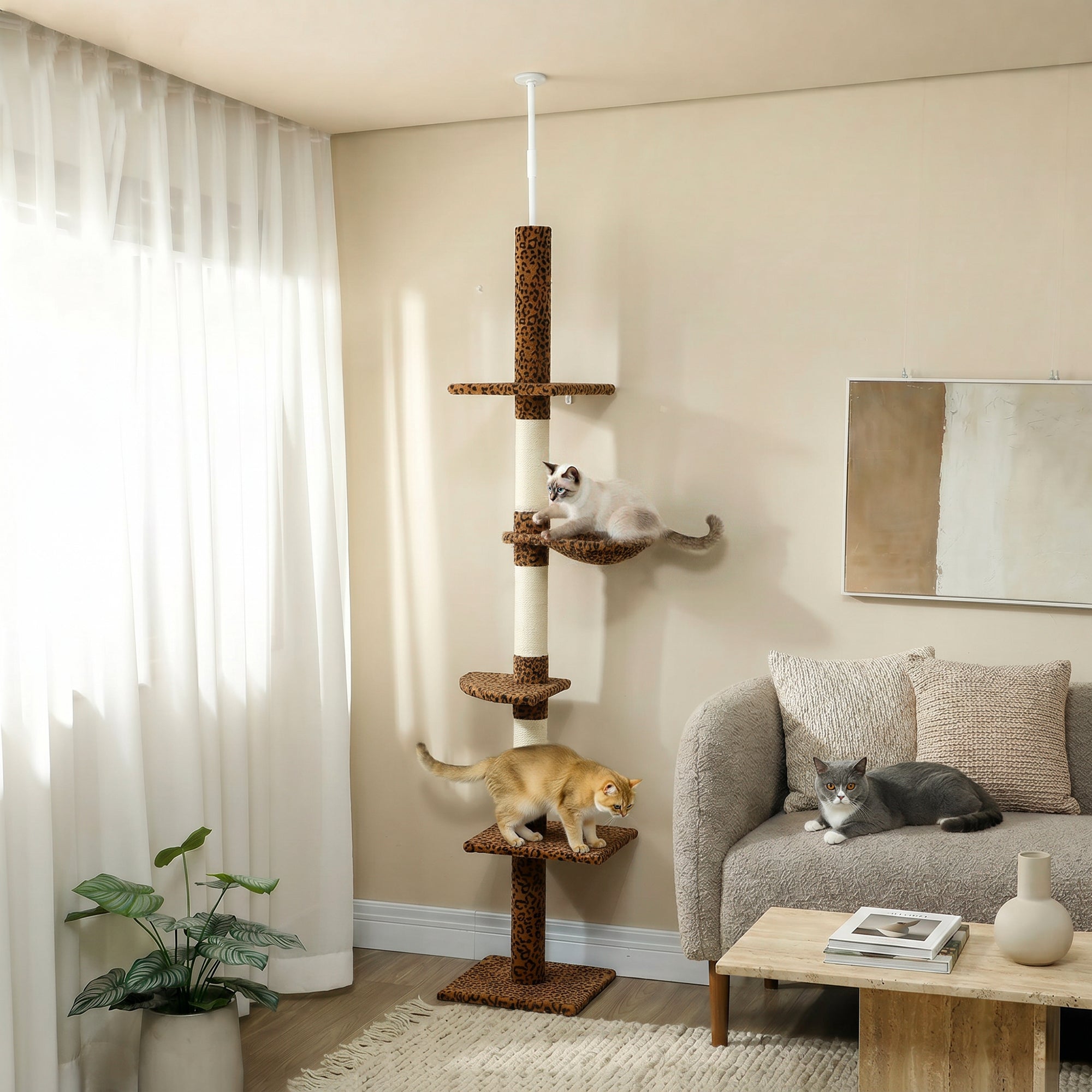 91"-102" Cat Tree, 5-Tier Floor-to-Ceiling Cat Tower Kitty Activity Center w/ Scratching Post, Cozy Hammock Play Rest Post Pet Furniture for Jumping Climbing, Leopard Print