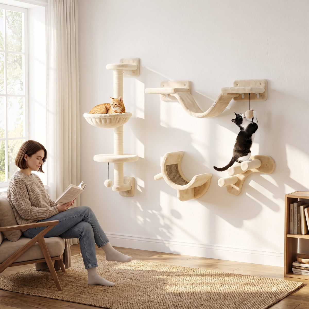 4 Piece Cat Shelves, Cat Wall Furniture with Hammock, Scratching Posts, Soft Ladder, Steps, Jump Platforms, Hanging Ball for Indoor Kittens, Space Saving - Beige