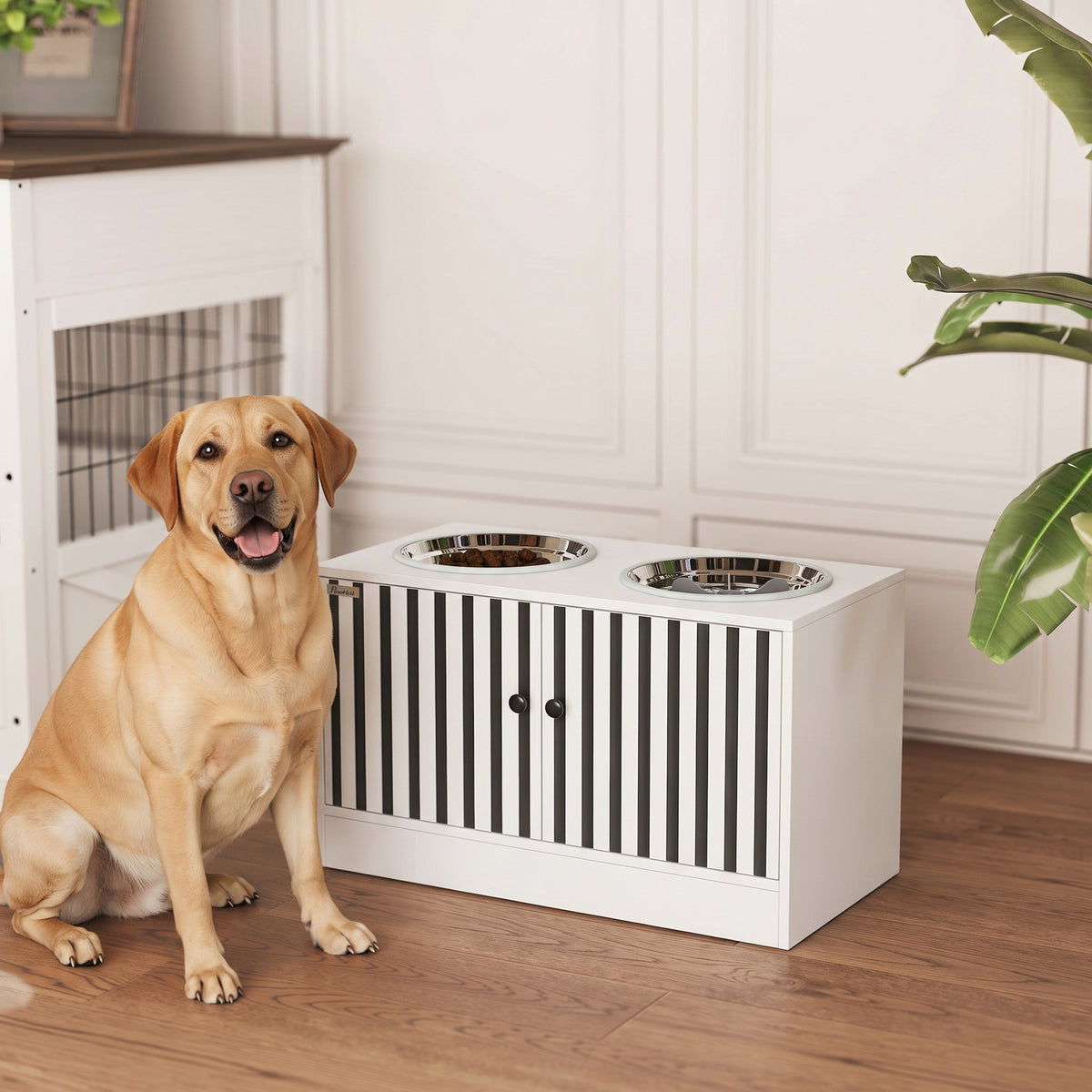 Elevated Dog Bowls with Storage Cabinet, Raised Dog Bowl Stand, Pet Feeding Station with Slow Feeder & Non-Slip, for Large Pets, White
