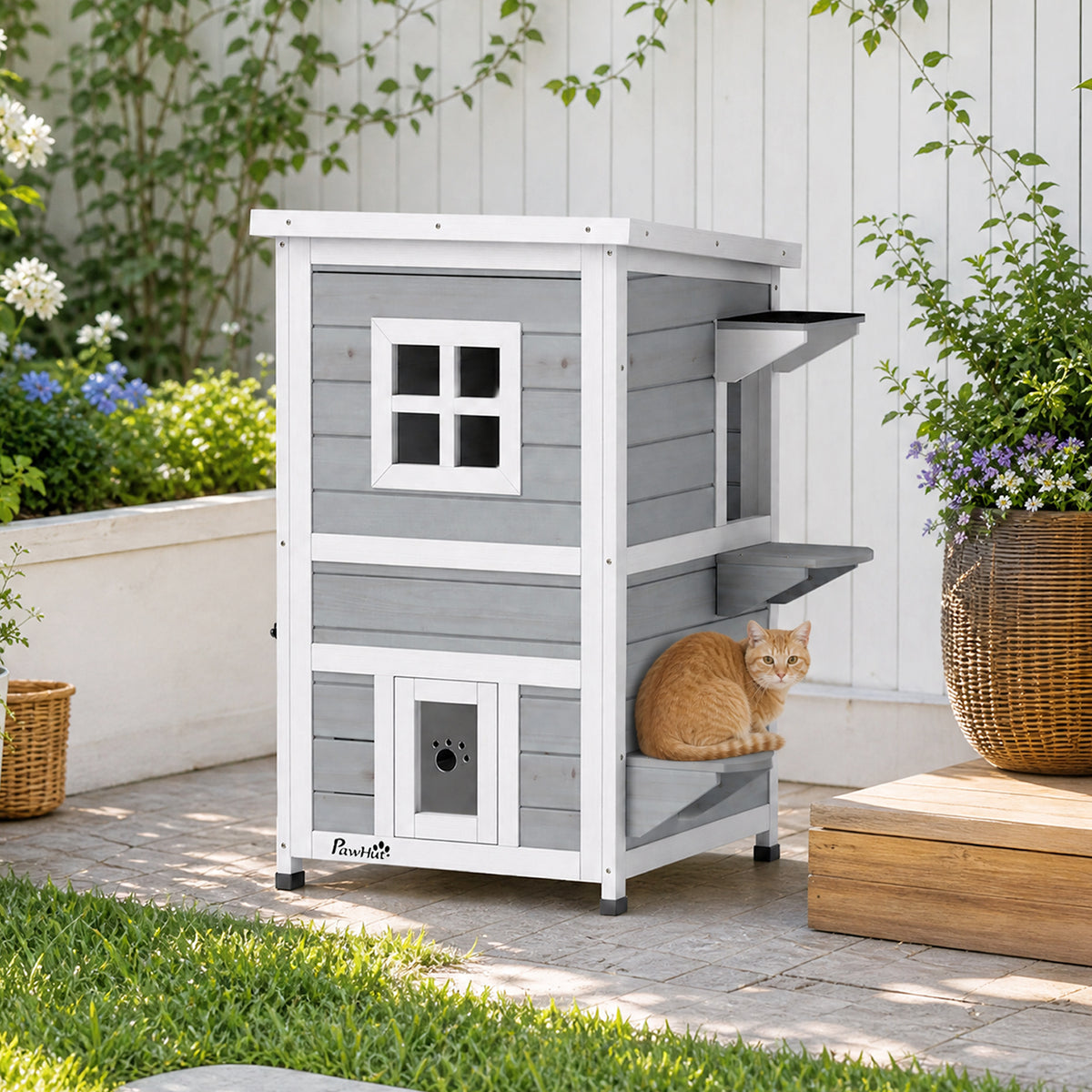 Wooden Cat House 2-Floor Outdoor Kitten Shelter with 3 Doors and Window Grey