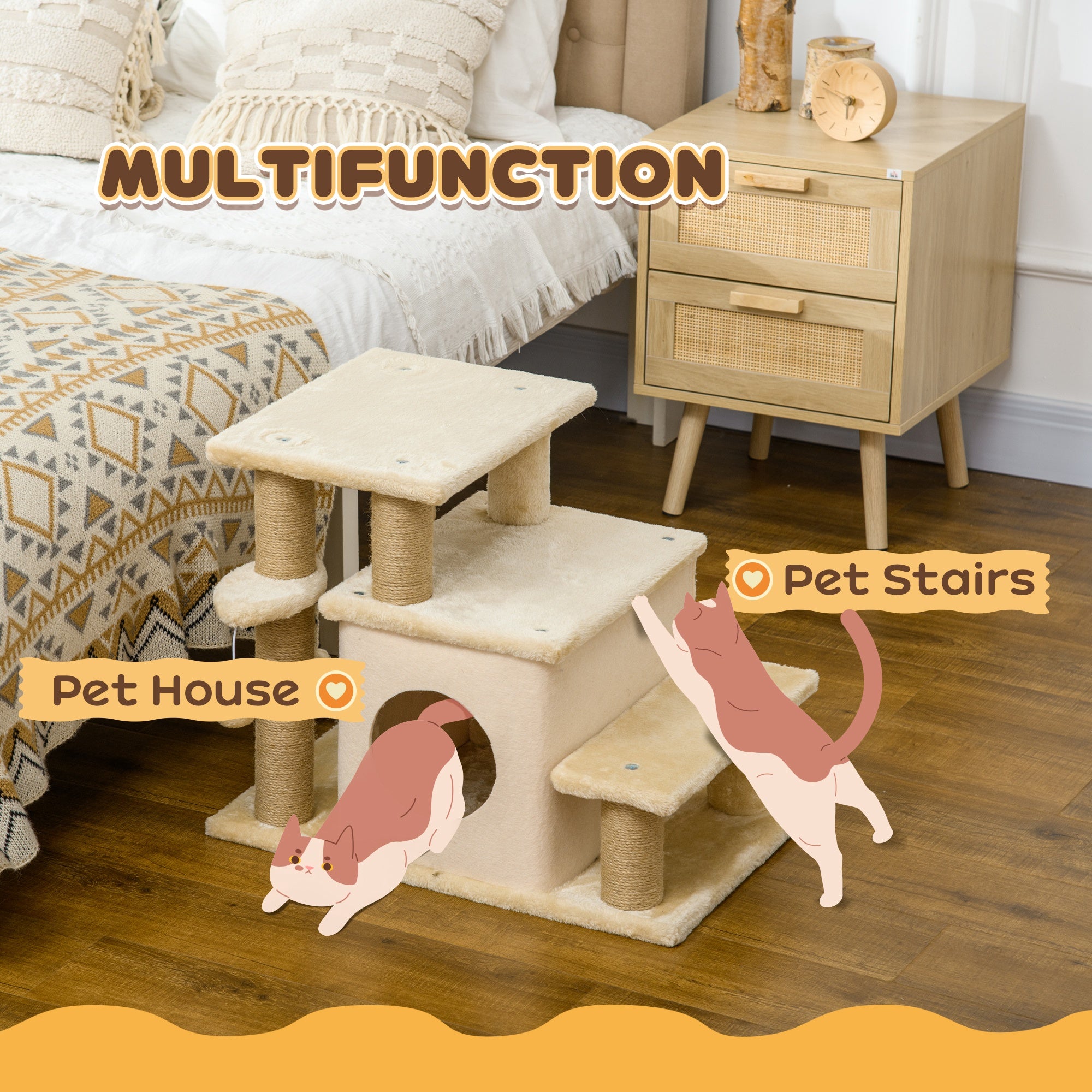 Pet Stairs, Adjustable Height 3 Step/4 Step Cat Steps with Jute Cat Scratching Post, Condo, Toy Ball for High Bed, Sofa, Couch, for Indoor Small Kittens, Beige