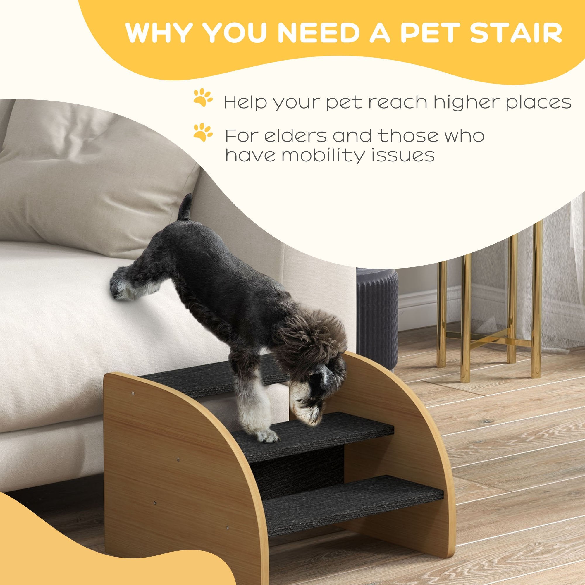 Dog Steps for Sofa and Bed, 3-Step Dog Stairs, Lightweight Pet Stairs with Side Panels, Non-Slip Feet for Small Puppies, Easy Assembly, Oak Finish