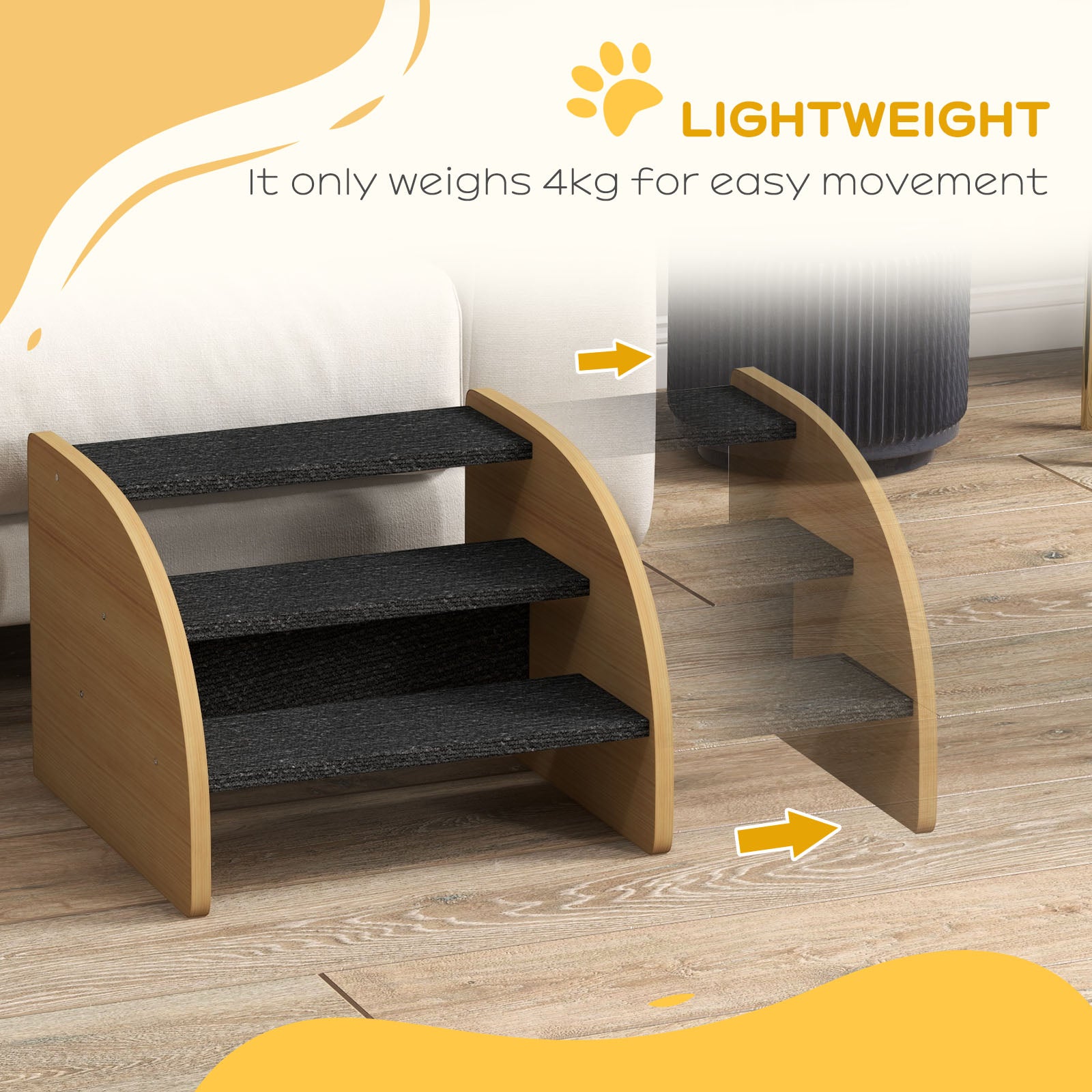 Dog Steps for Sofa and Bed, 3-Step Dog Stairs, Lightweight Pet Stairs with Side Panels, Non-Slip Feet for Small Puppies, Easy Assembly, Oak Finish