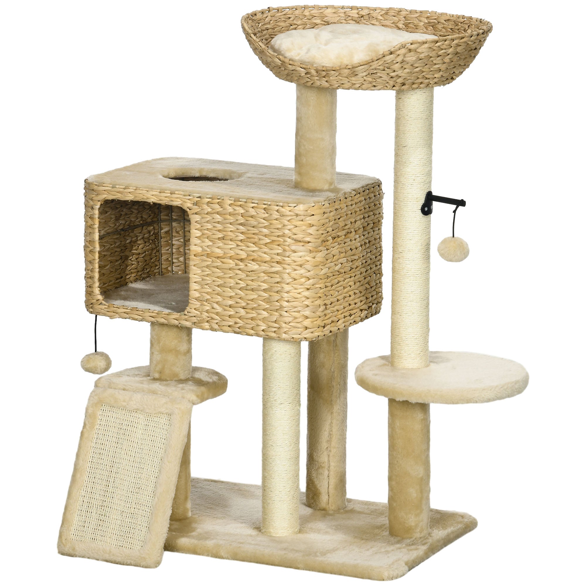 95cm Cat Tree for Indoor Cats, Cat Tower with Scratching Posts, Ramp, Condo, Toy Balls, Platform, Bed, Ramp - Beige