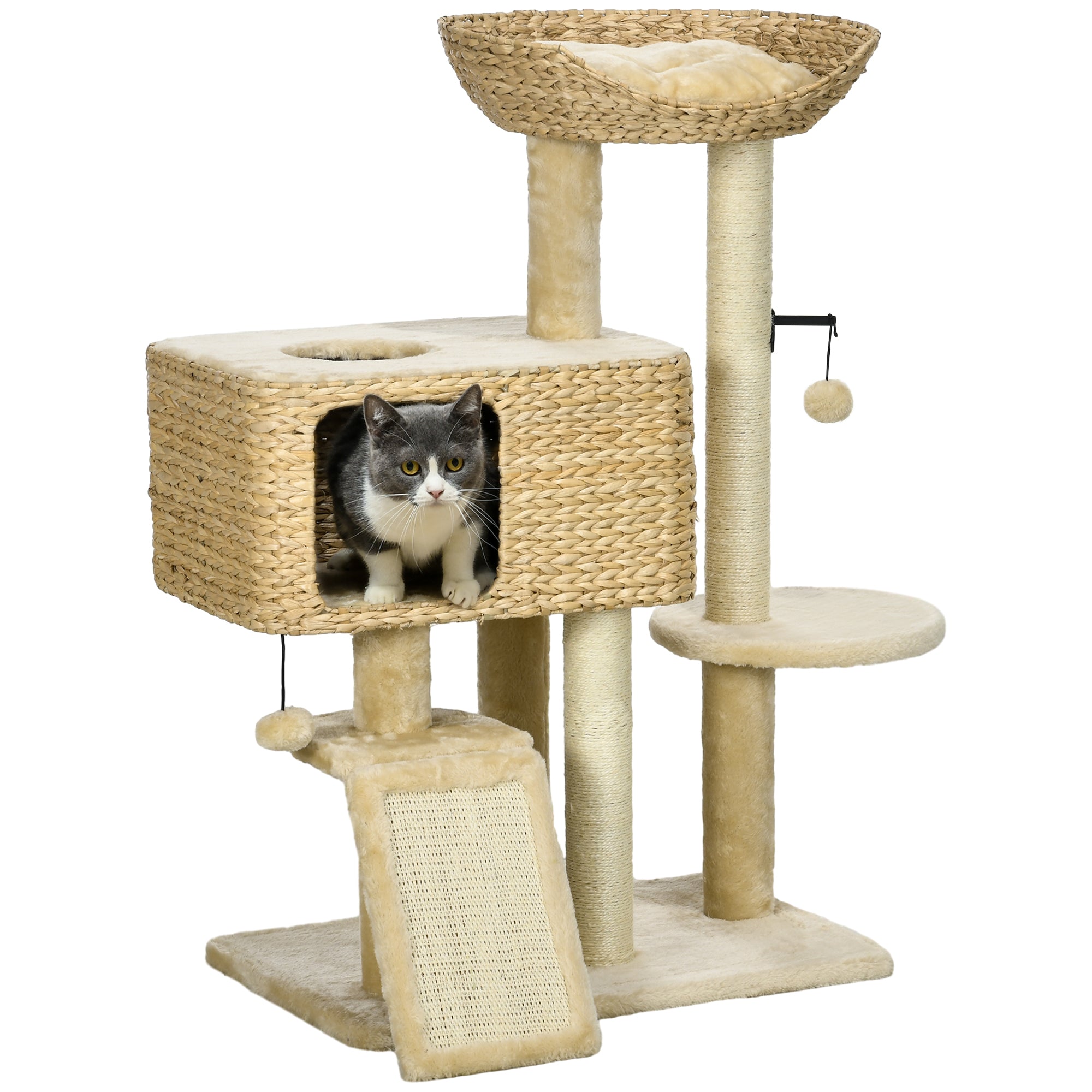 PawHut 95cm Cat Tower with Scratching Posts & Cozy House Beige