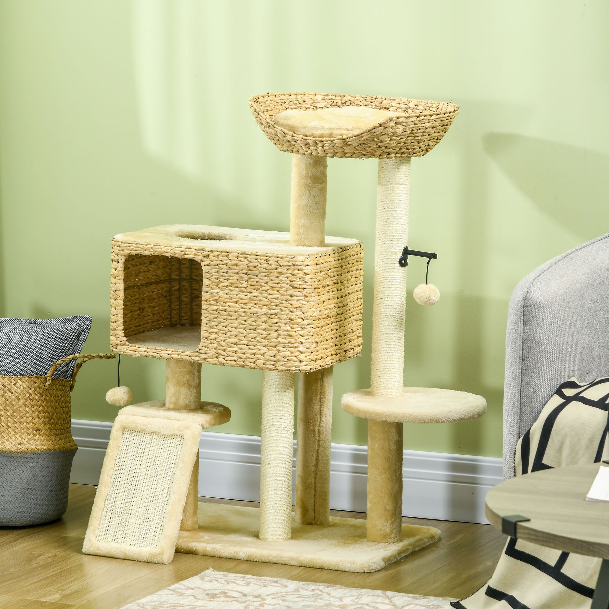 95cm Cat Tree for Indoor Cats, Cat Tower with Scratching Posts, Ramp, Condo, Toy Balls, Platform, Bed, Ramp - Beige