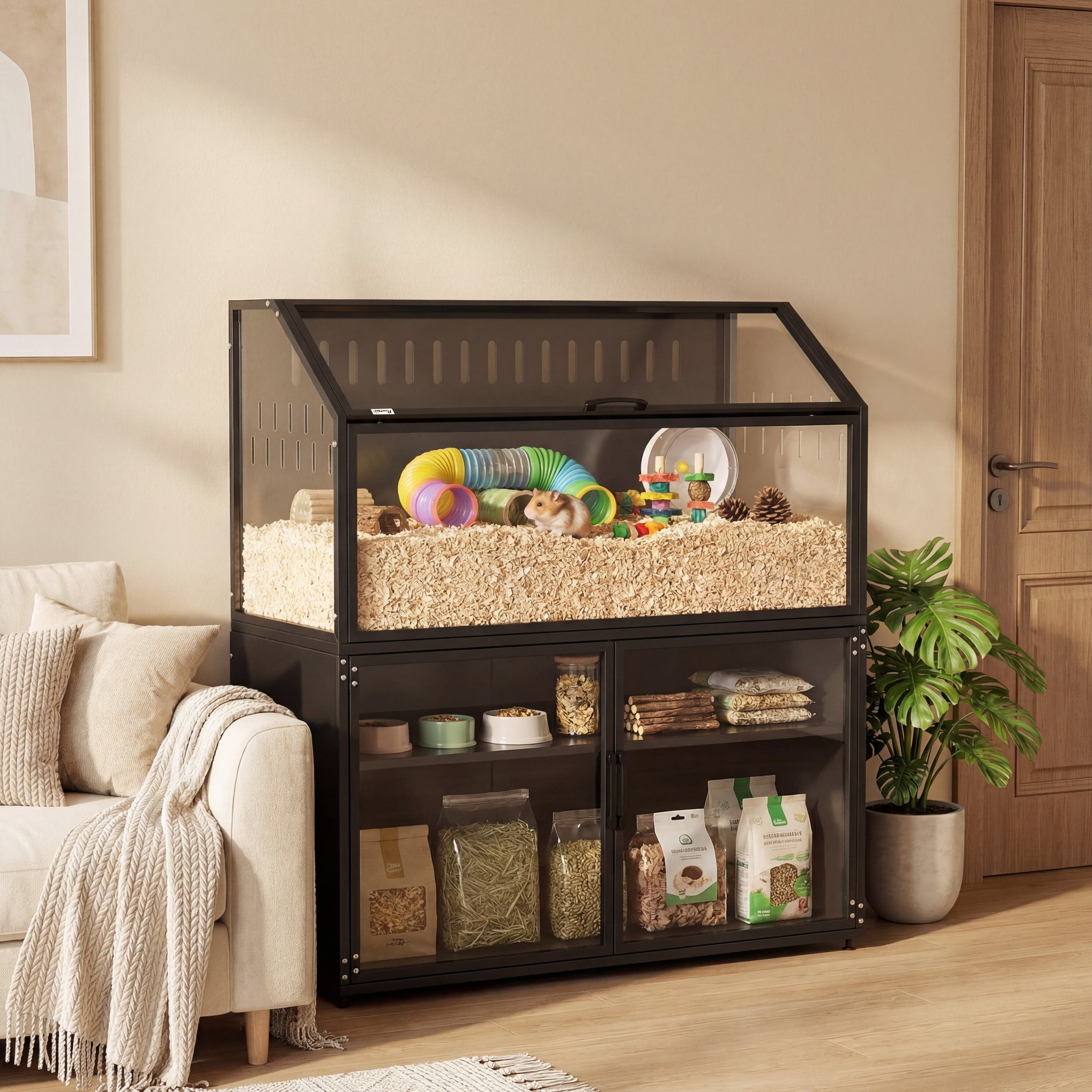 Hamster Cage with Storage Cabinet, Small Animal Cage with Easy View Acrylic Panels and Openable Top, Large Guinea Pig Habitat for Rat, Hedgehog, Gerbil, 41" x 16" x 40" H, Black