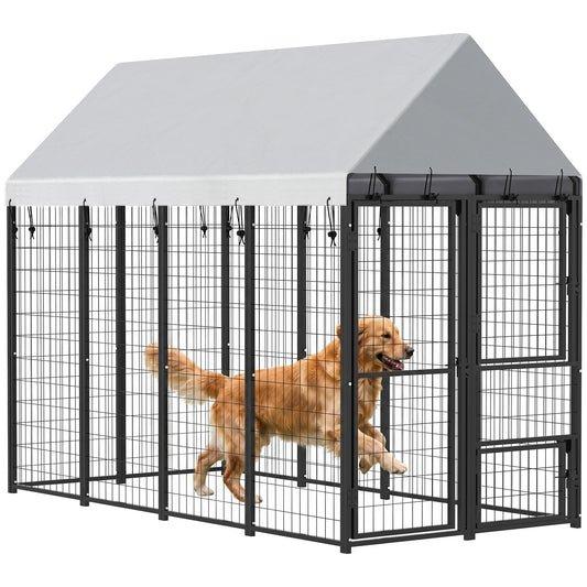 Large Dog Kennel Outdoor with Roof, 3 Doors, Expandable Heavy Duty Dog Kennel Outside Run Enclosure with Secure Lock, Removable Door, for Small Medium Large Pets, Chickens, Ducks, 8' x 4' x 6'