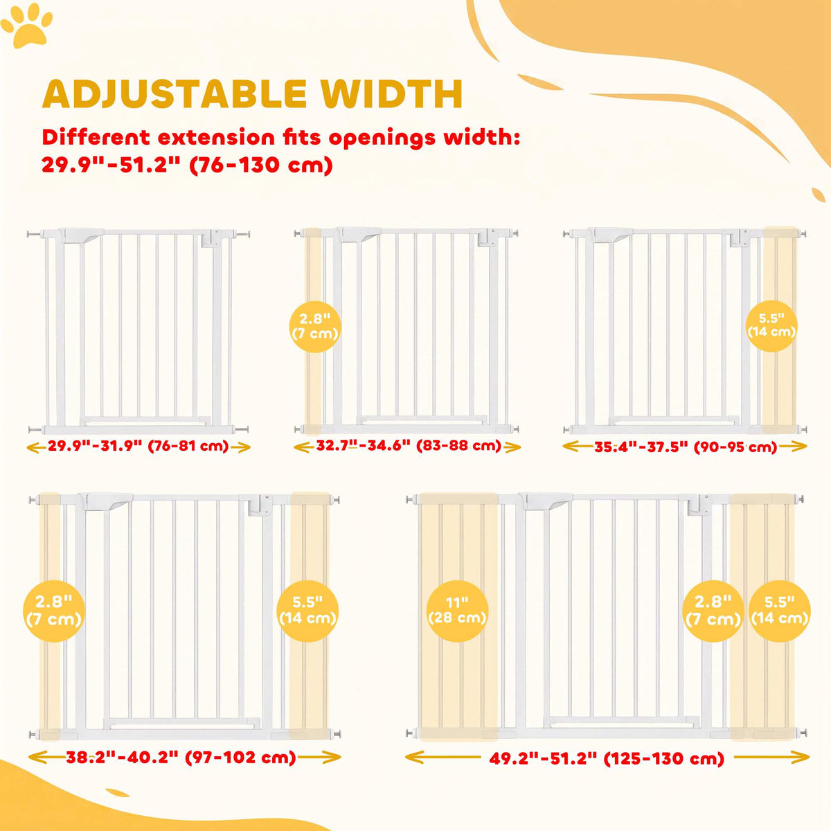 30"-51" Baby Gate, 30"H Pet Gate with 3 Extension Kit, Auto-Close, Two-Way Open, Pressure Mounted for Stair, Doorways and Hallways, Black