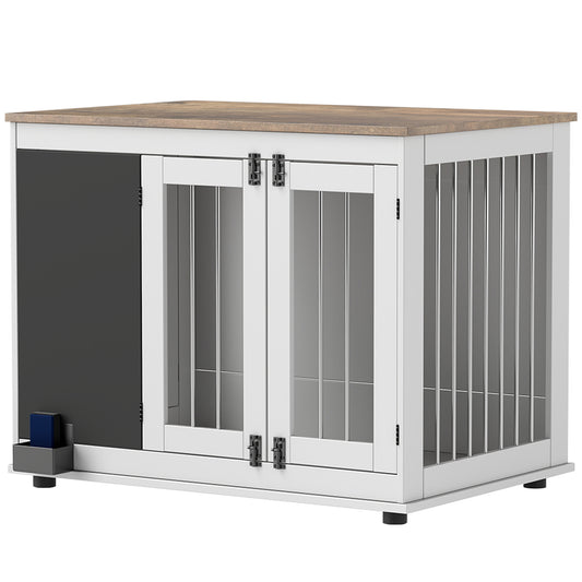 39in Dog Crate Furniture, Dog Cage End Table with Three Doors, Blackboard, Non-slip Foot Pads, Dog Cage for Middle and Large Dogs, White