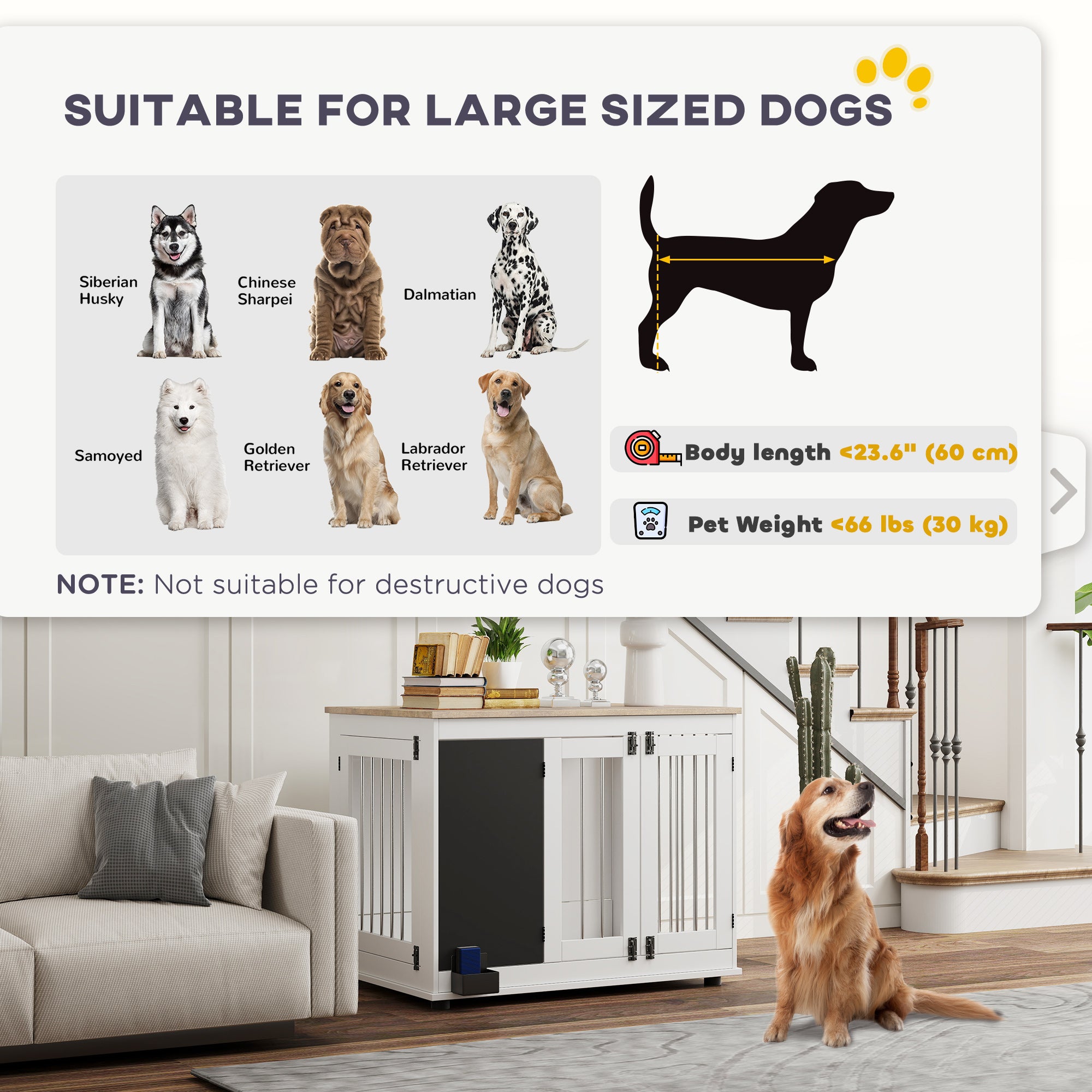 39in Dog Crate Furniture, Dog Cage End Table with Three Doors, Blackboard, Non-slip Foot Pads, Dog Cage for Middle and Large Dogs, White