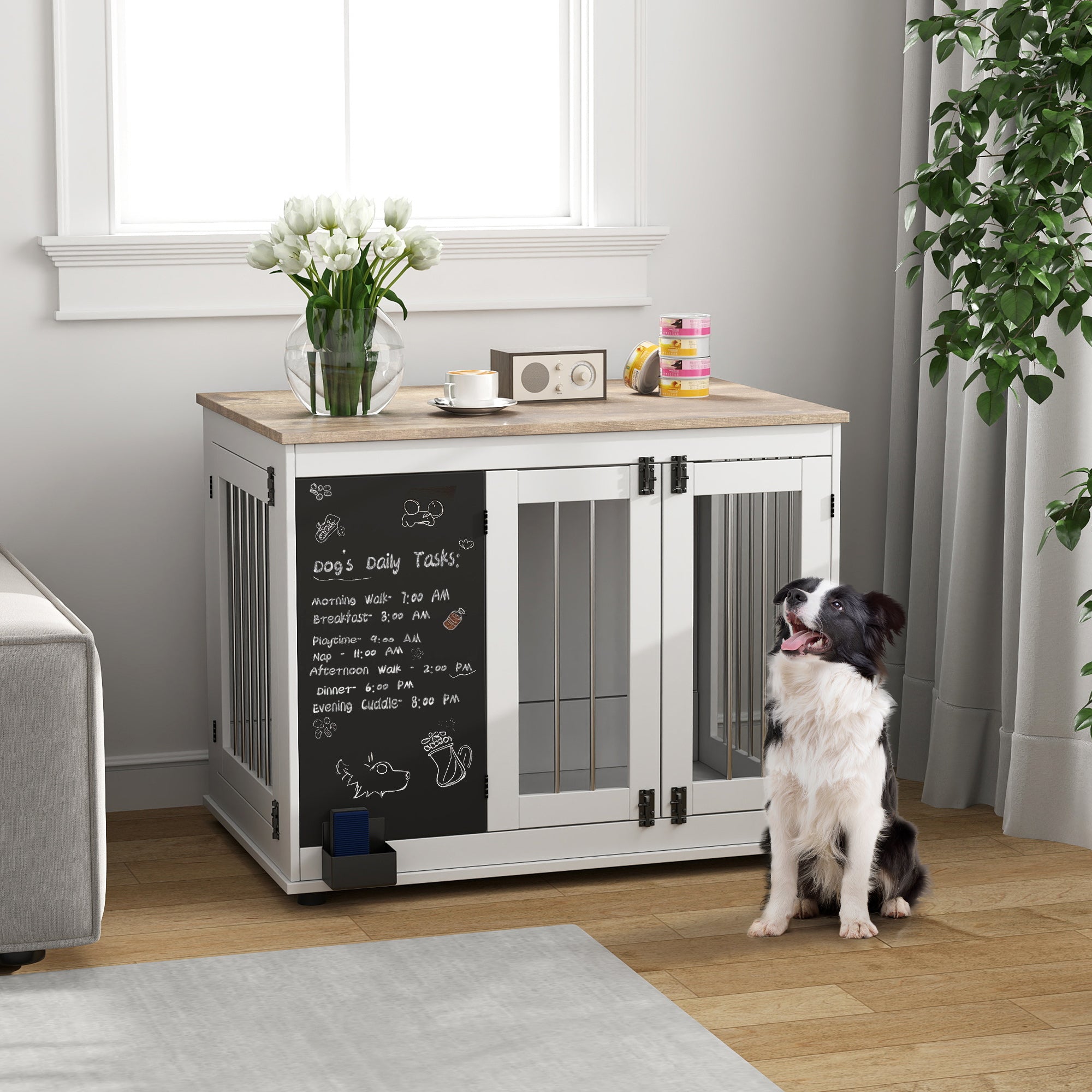39in Dog Crate Furniture, Dog Cage End Table with Three Doors, Blackboard, Non-slip Foot Pads, Dog Cage for Middle and Large Dogs, White