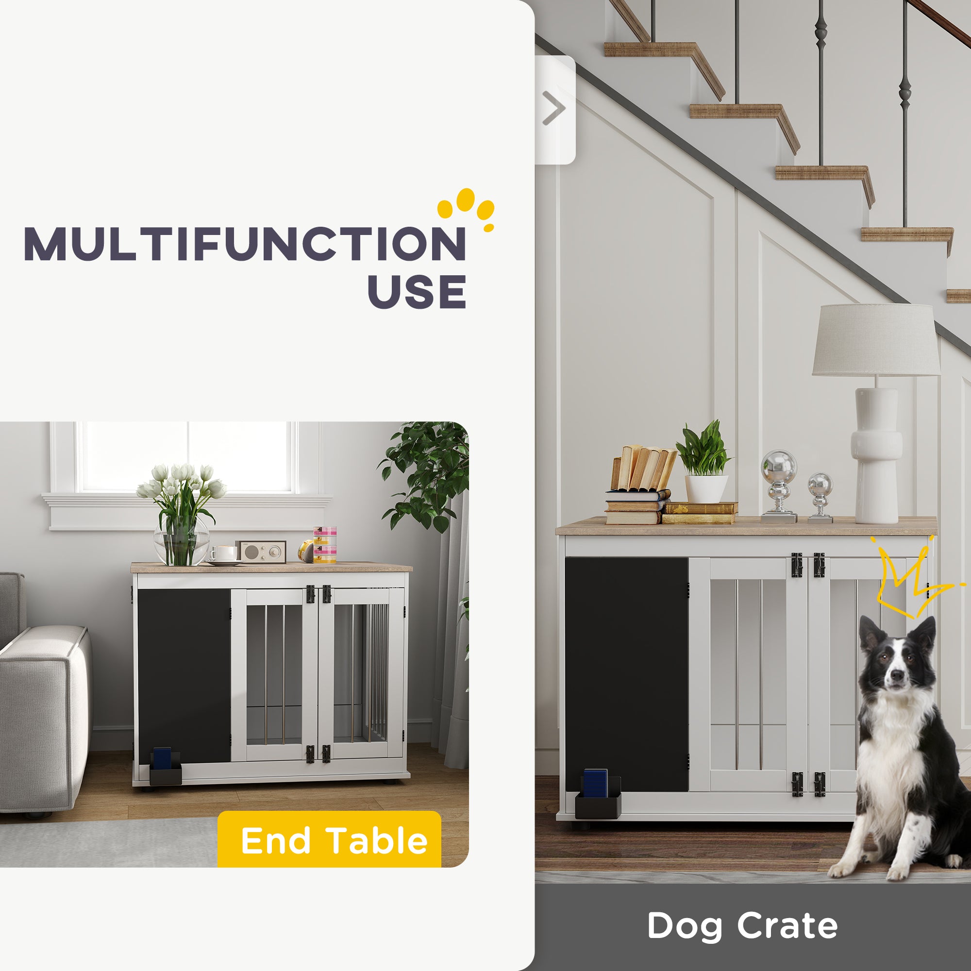 39in Dog Crate Furniture, Dog Cage End Table with Three Doors, Blackboard, Non-slip Foot Pads, Dog Cage for Middle and Large Dogs, White