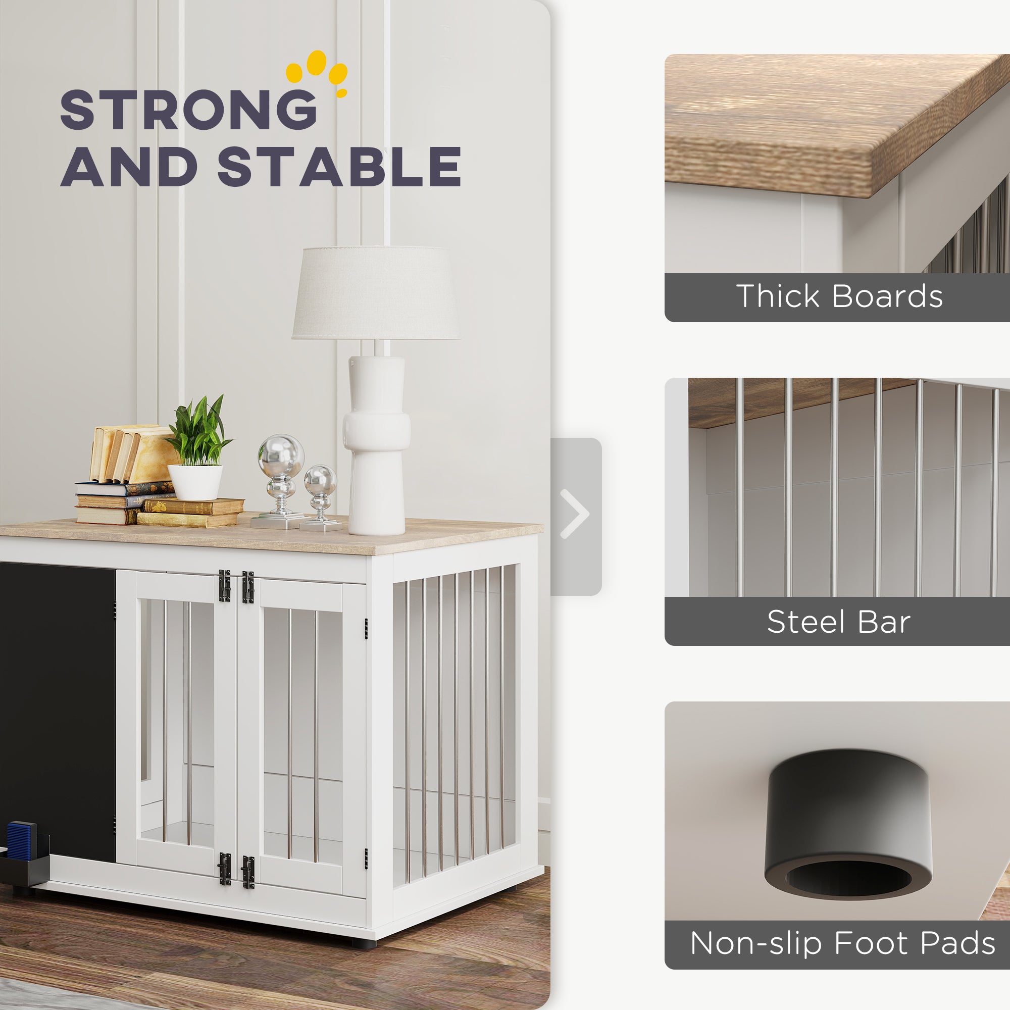 39in Dog Crate Furniture, Dog Cage End Table with Three Doors, Blackboard, Non-slip Foot Pads, Dog Cage for Middle and Large Dogs, White