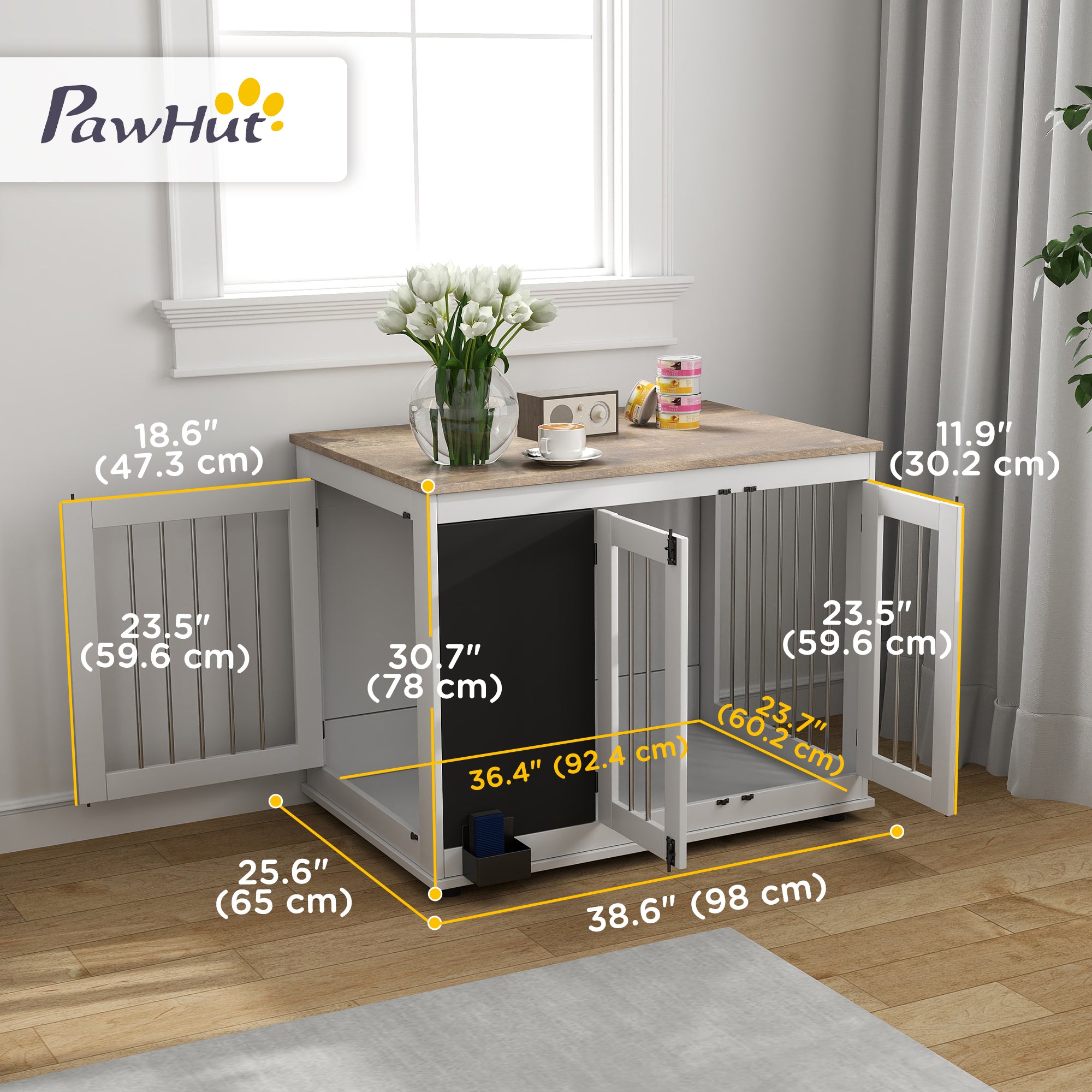 39in Dog Crate Furniture, Dog Cage End Table with Three Doors, Blackboard, Non-slip Foot Pads, Dog Cage for Middle and Large Dogs, White