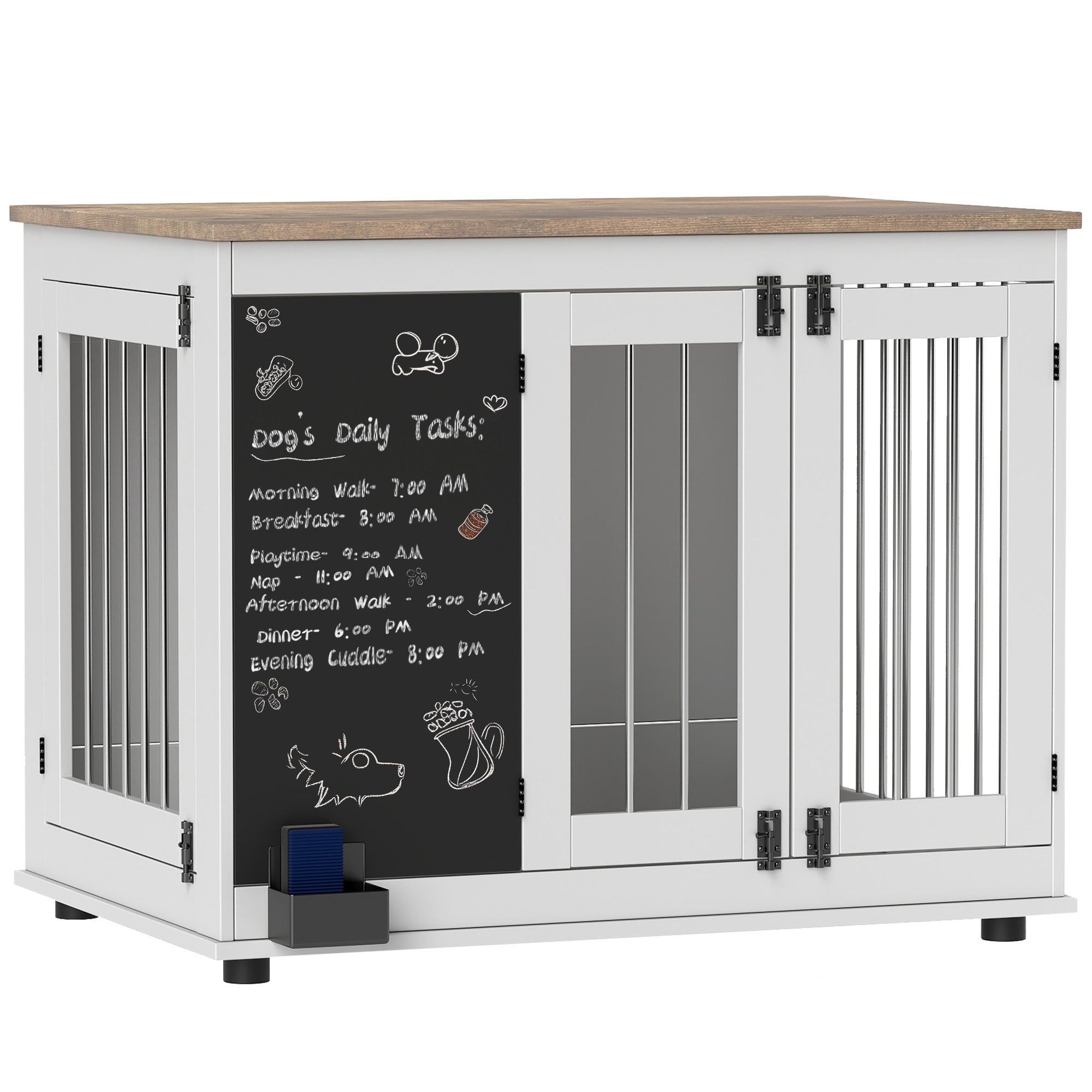 39in Dog Crate Furniture, Dog Cage End Table with Three Doors, Blackboard, Non-slip Foot Pads, Dog Cage for Middle and Large Dogs, White