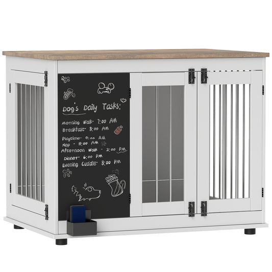 39in Dog Crate Furniture, Dog Cage End Table with Three Doors, Blackboard, Non-slip Foot Pads, Dog Cage for Middle and Large Dogs, White