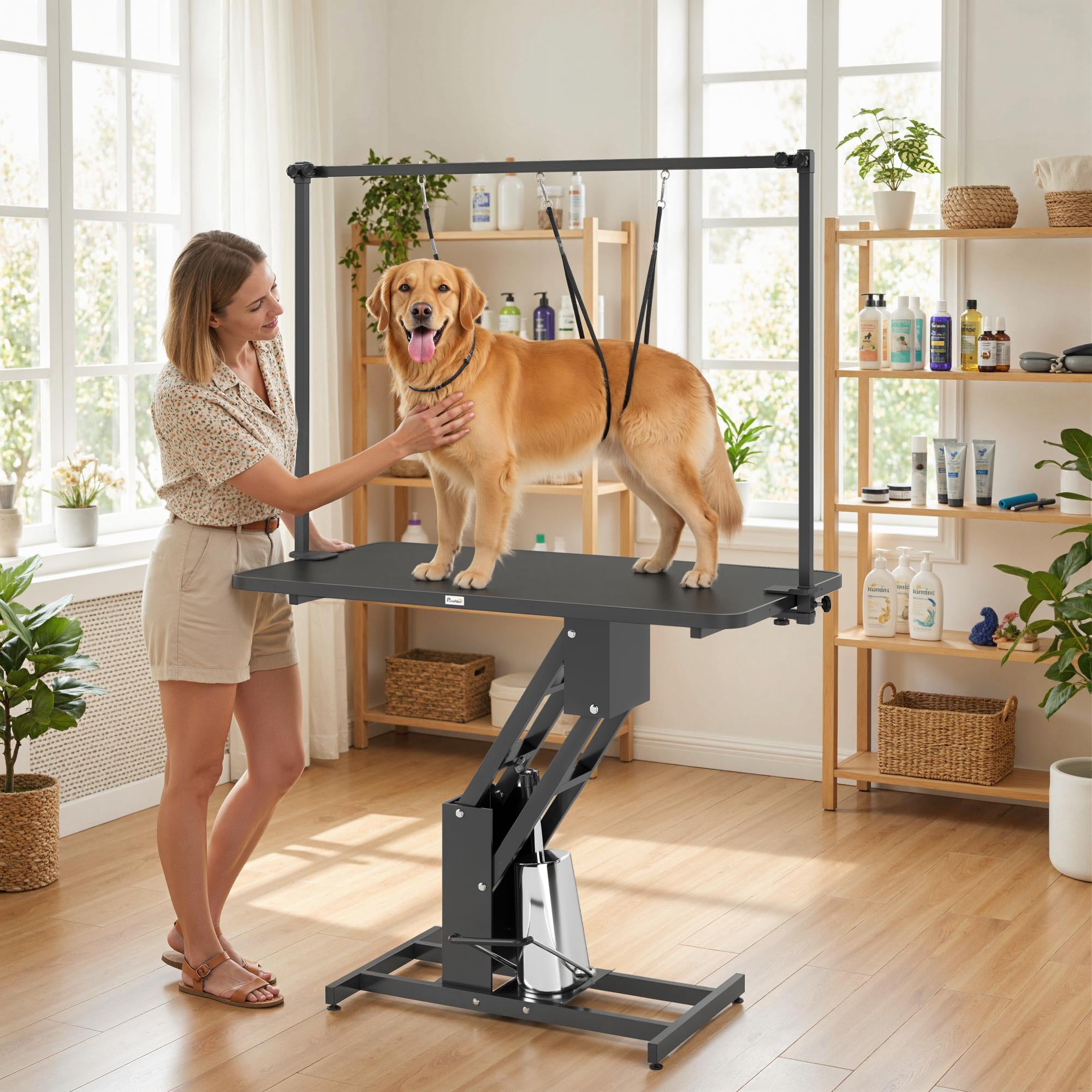 43" L Hydraulic Dog Grooming Table, Z-Lift Height Adjustable Pet Grooming Table with Noose and Non-Slip Tabletop for Medium Large Dogs, Black