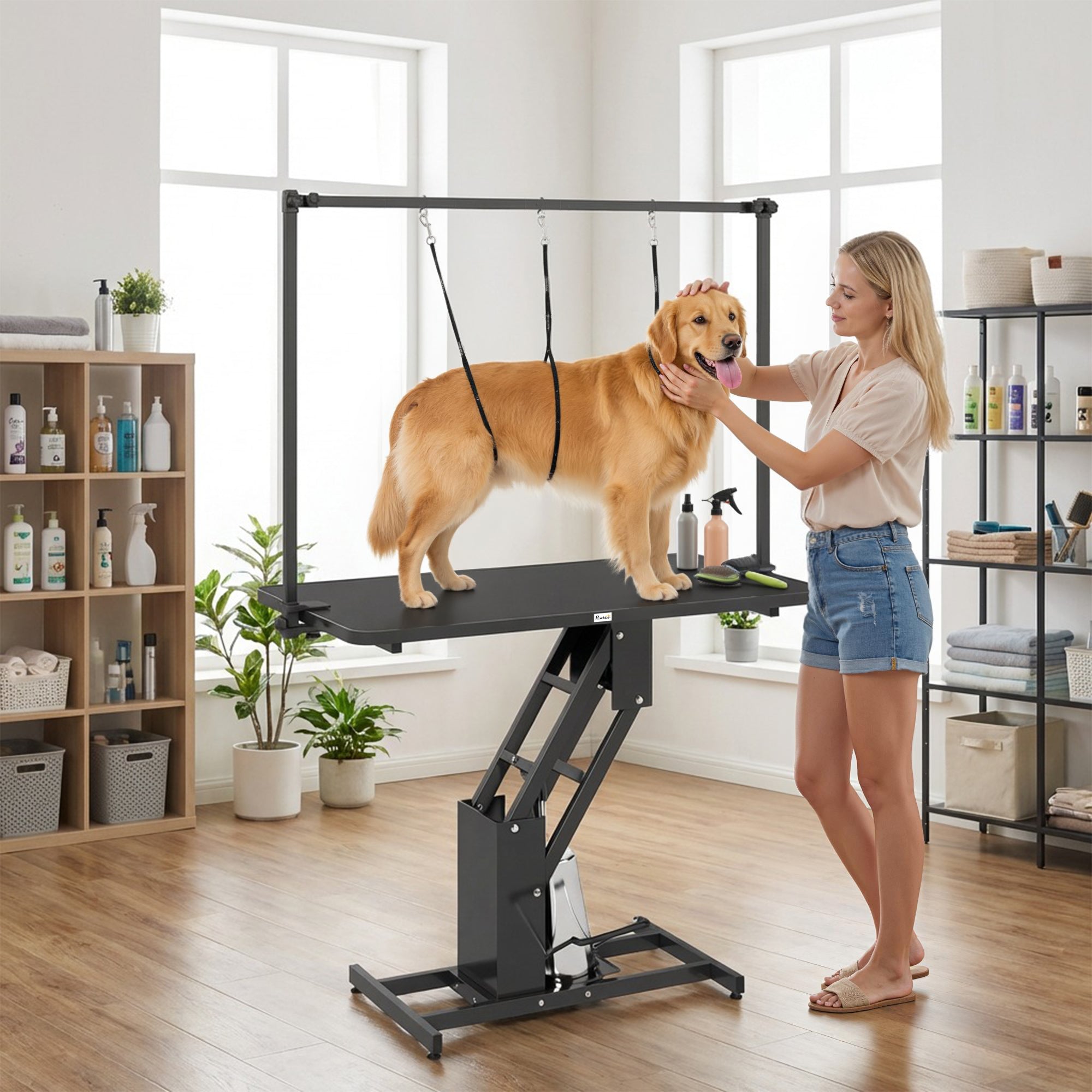 43" L Hydraulic Dog Grooming Table, Z-Lift Height Adjustable Pet Grooming Table with Noose and Non-Slip Tabletop for Medium Large Dogs, Black
