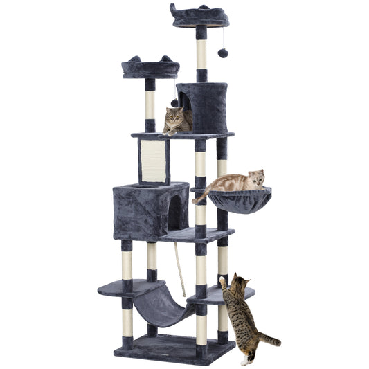 Cat Tower, 81" Cat Tree for Large Cats Adult w/ Scratching Posts, Scratching Board, Cat Condos, Cat Beds, Hammocks, Jumping Platforms, Toy Balls, Rope Cat Toy, Dark Grey