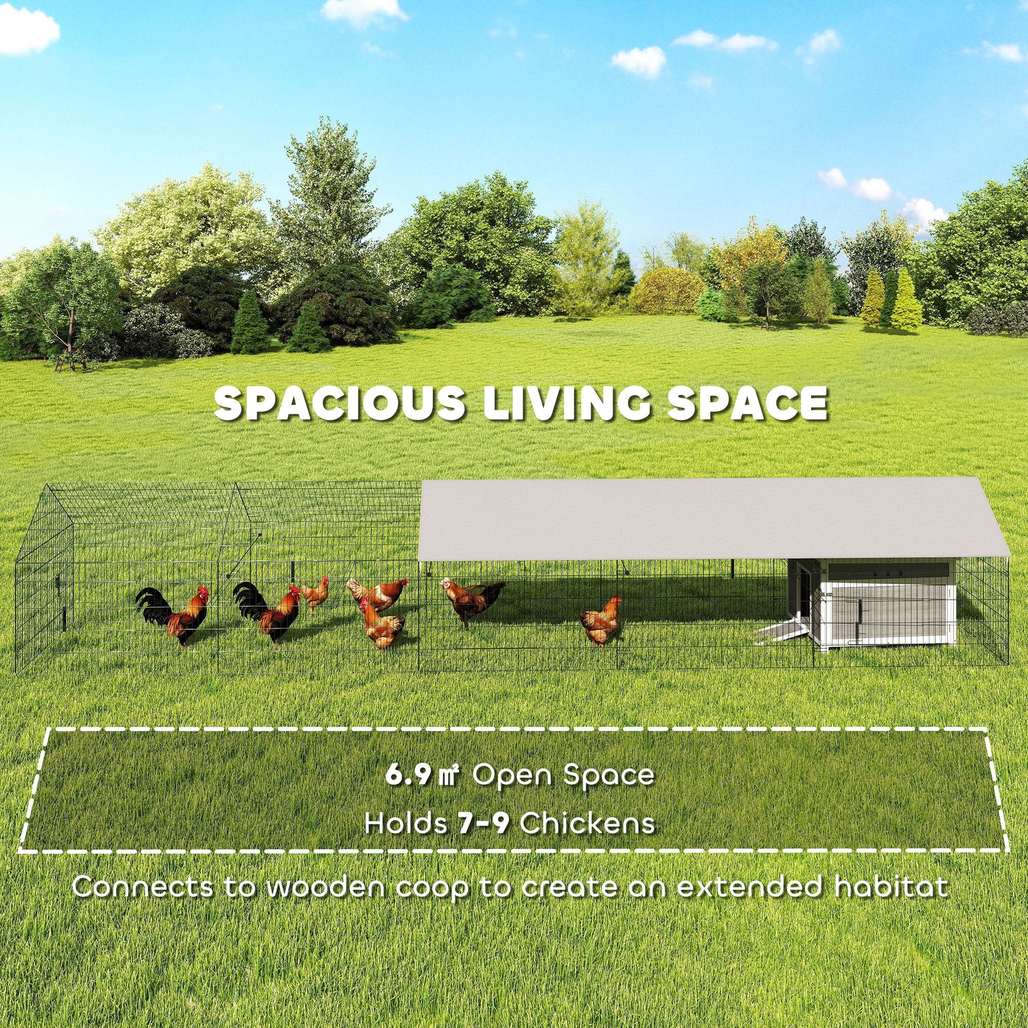 Metal Chicken Coop, Large Chicken Run with Water-Resistant & Anti-UV Cover for 7-9 Hens, Outdoor Hen House Rabbit Hutch with 10 Doors for Duck, Small Animal, for Backyard, 21' x 3.5' x 3.6'