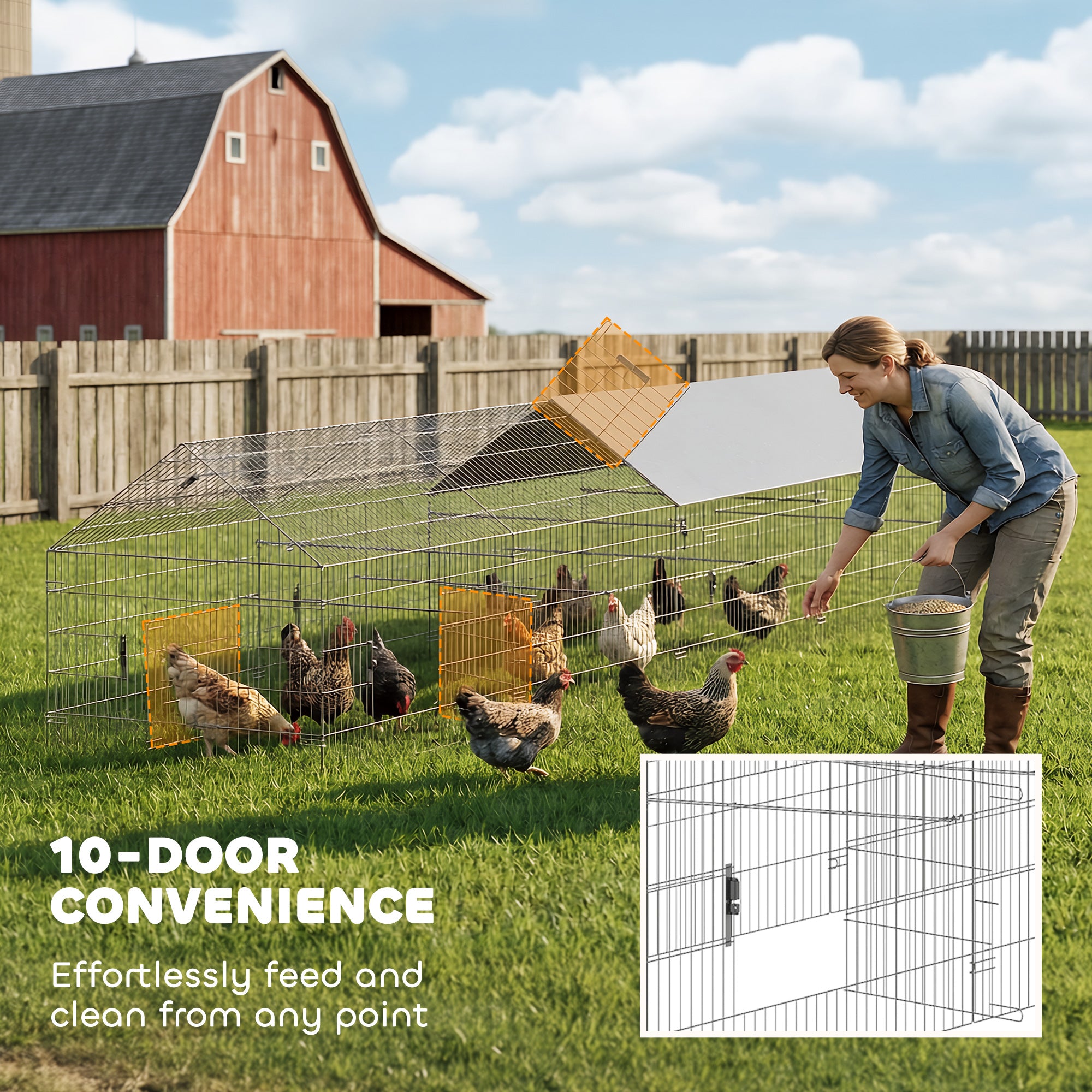 Metal Chicken Coop, Large Chicken Run with Water-Resistant & Anti-UV Cover for 7-9 Hens, Outdoor Hen House Rabbit Hutch with 10 Doors for Duck, Small Animal, for Backyard, 21' x 3.5' x 3.6'