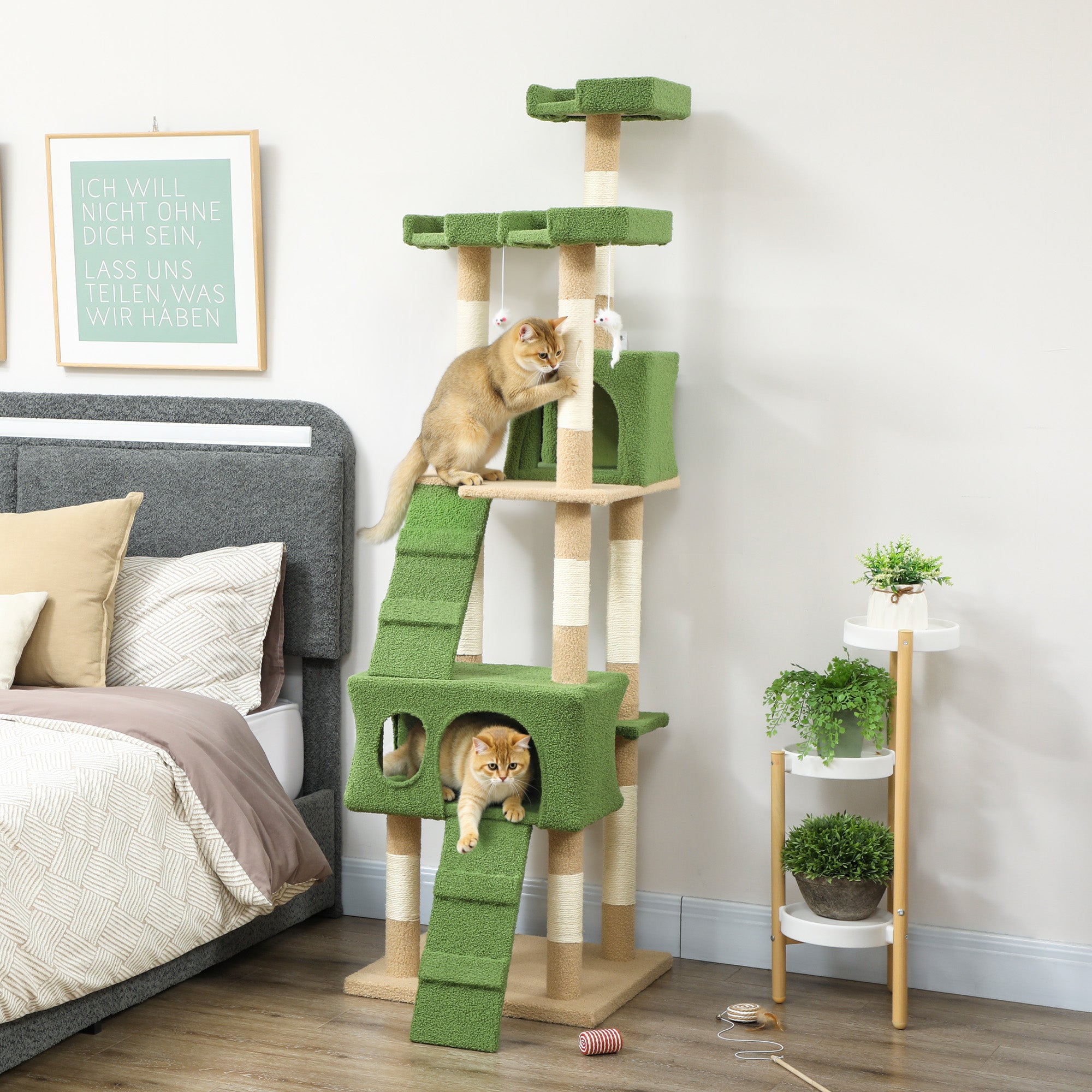 68 inches Cat Tree, Multi-Level Large Cat Tower Condo with Scratching Posts, Perches, Cat Houses, Dangling Toy, Green