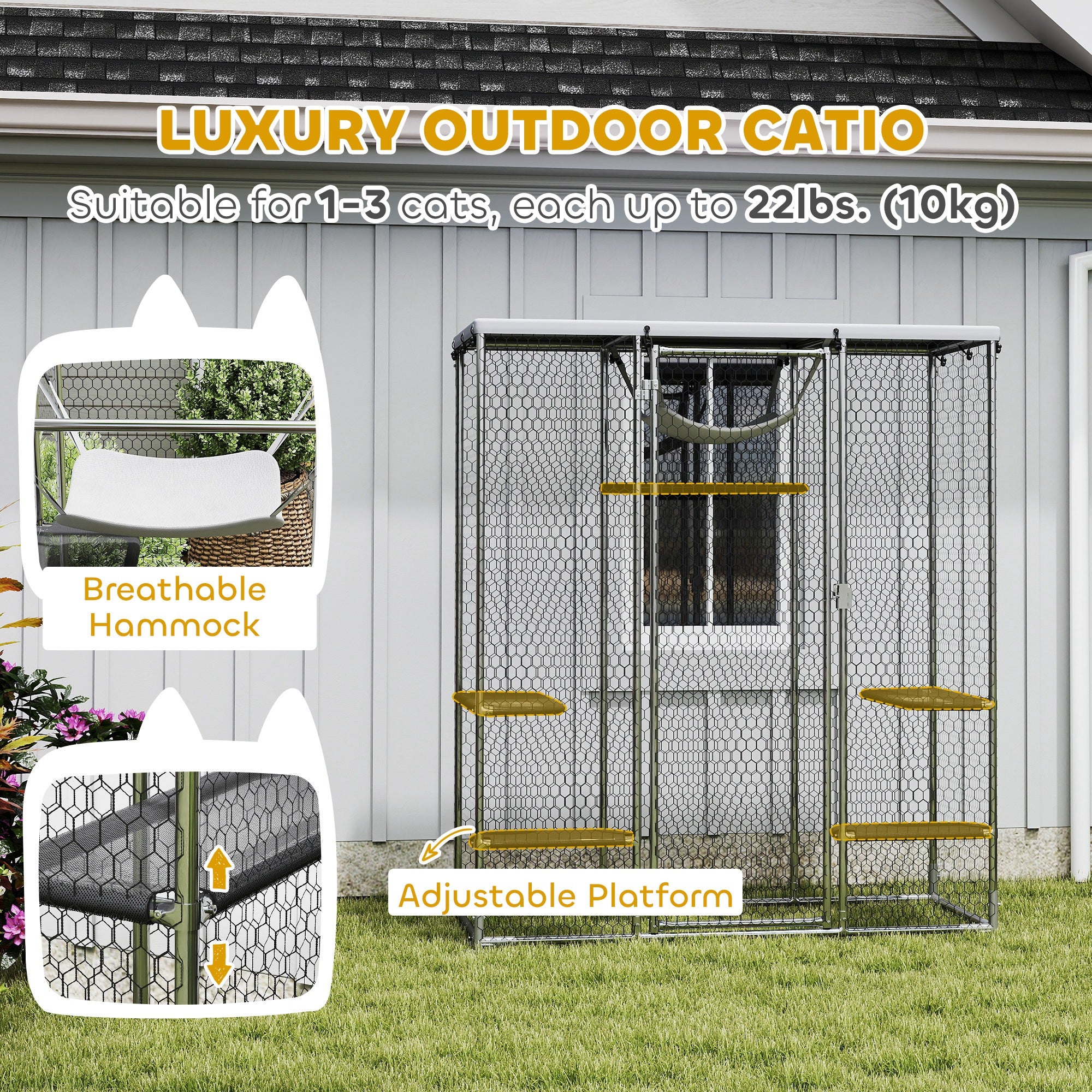 Large Catio Outdoor Cat Enclosure, Galvanized Steel Walk-in Cat Cage for Multiple Kittens, with Waterproof Cover, 5 Adjustable Platforms, Hammock, Metal Chicken Coop Run