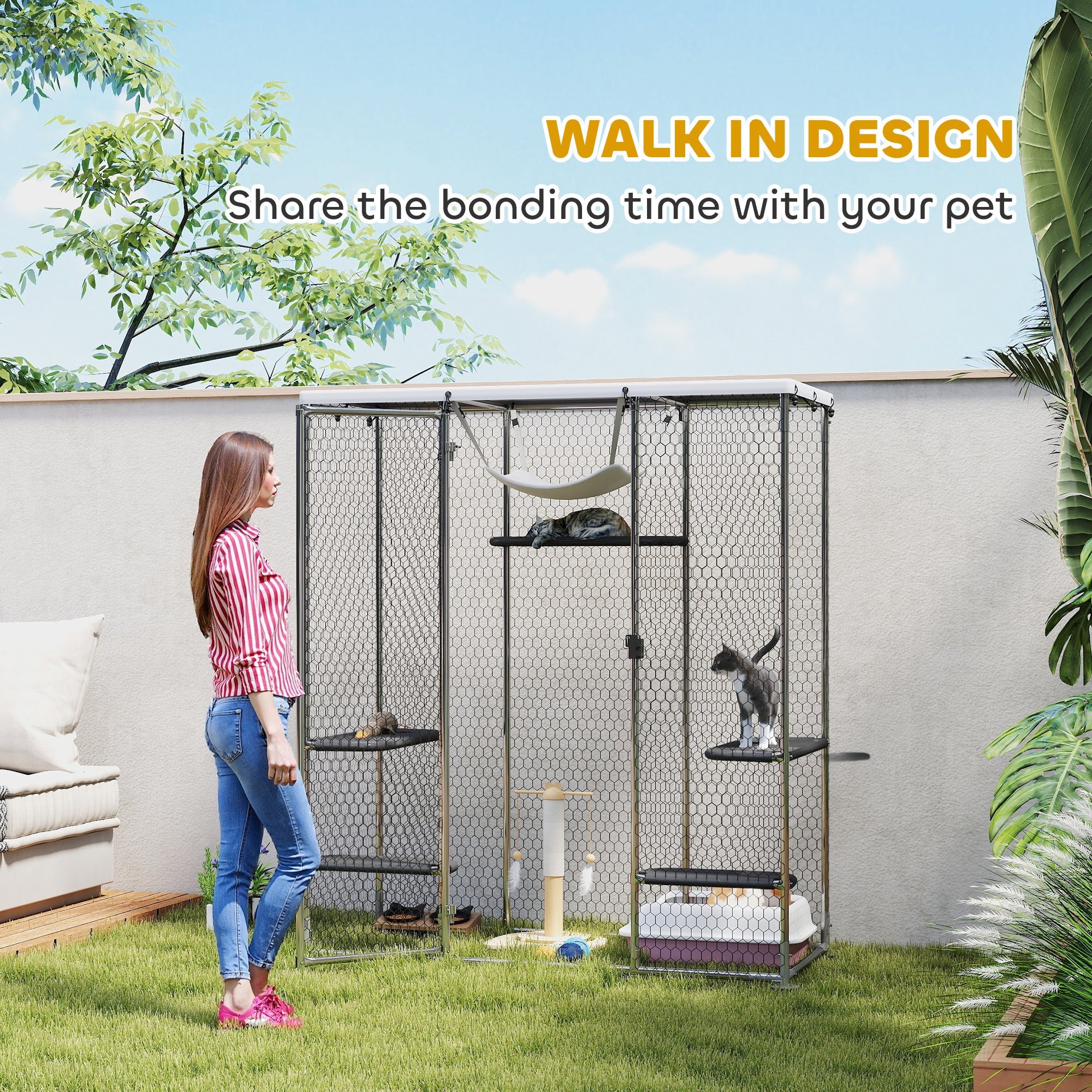 Large Catio Outdoor Cat Enclosure, Galvanized Steel Walk-in Cat Cage for Multiple Kittens, with Waterproof Cover, 5 Adjustable Platforms, Hammock, Metal Chicken Coop Run