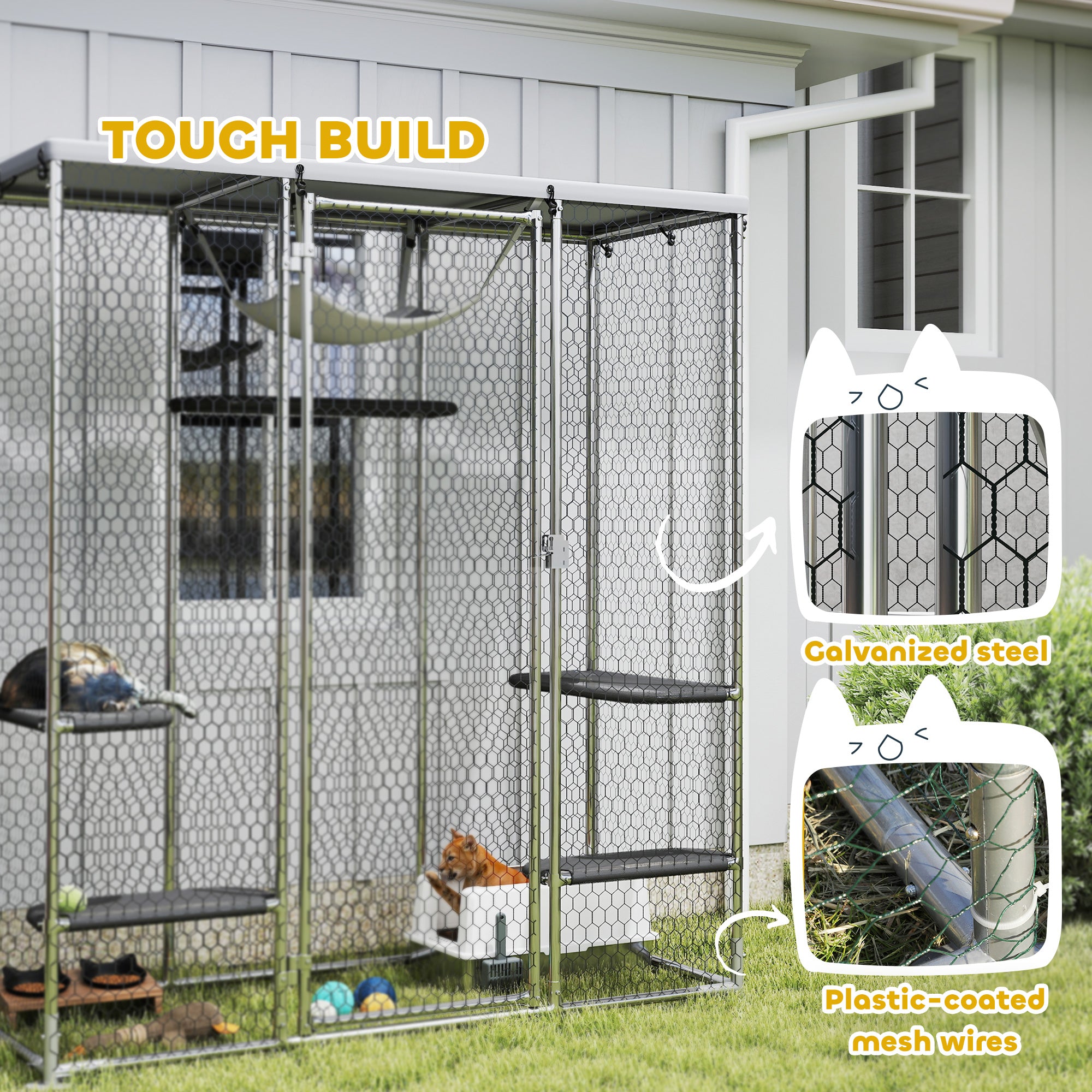 Large Catio Outdoor Cat Enclosure, Galvanized Steel Walk-in Cat Cage for Multiple Kittens, with Waterproof Cover, 5 Adjustable Platforms, Hammock, Metal Chicken Coop Run