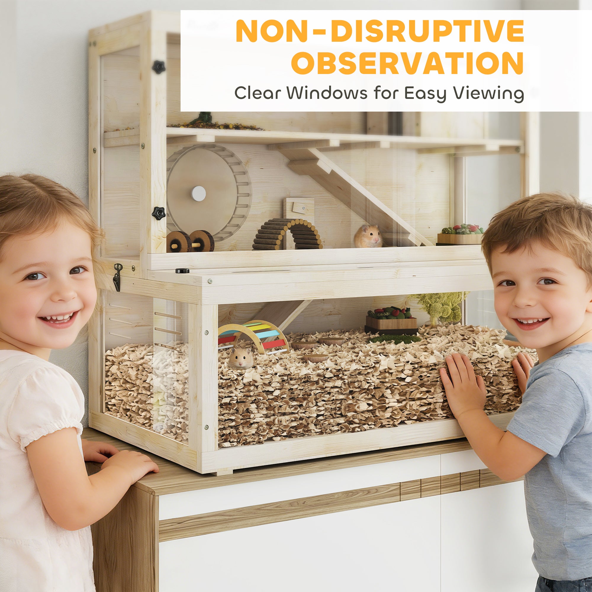 Wooden Hamster Cage, Large Gerbil Cage with Hut, Wheel, Ramps, 3 Tier Small Animal Habitat with Removable Viewing Panels, 100 x 50 x 84 cm, Natural Wood