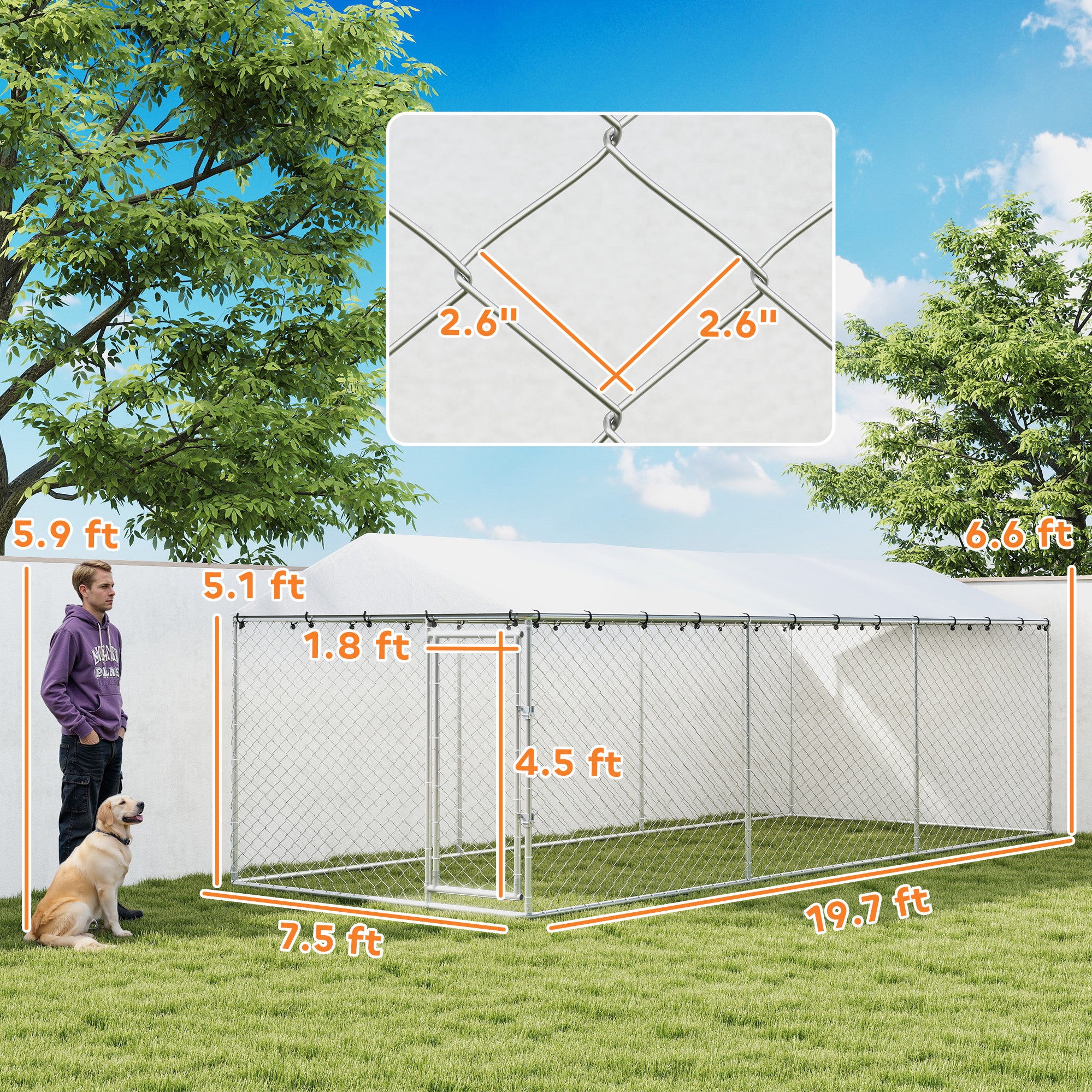 Outdoor Dog Kennel, Heavy Duty Dog Run Outdoor Fence with Waterproof Cover, Galvanized Chain Link, Secure Lock, for Large Breeds, Chickens, Ducks, 20' x 7.5' x 6.5'