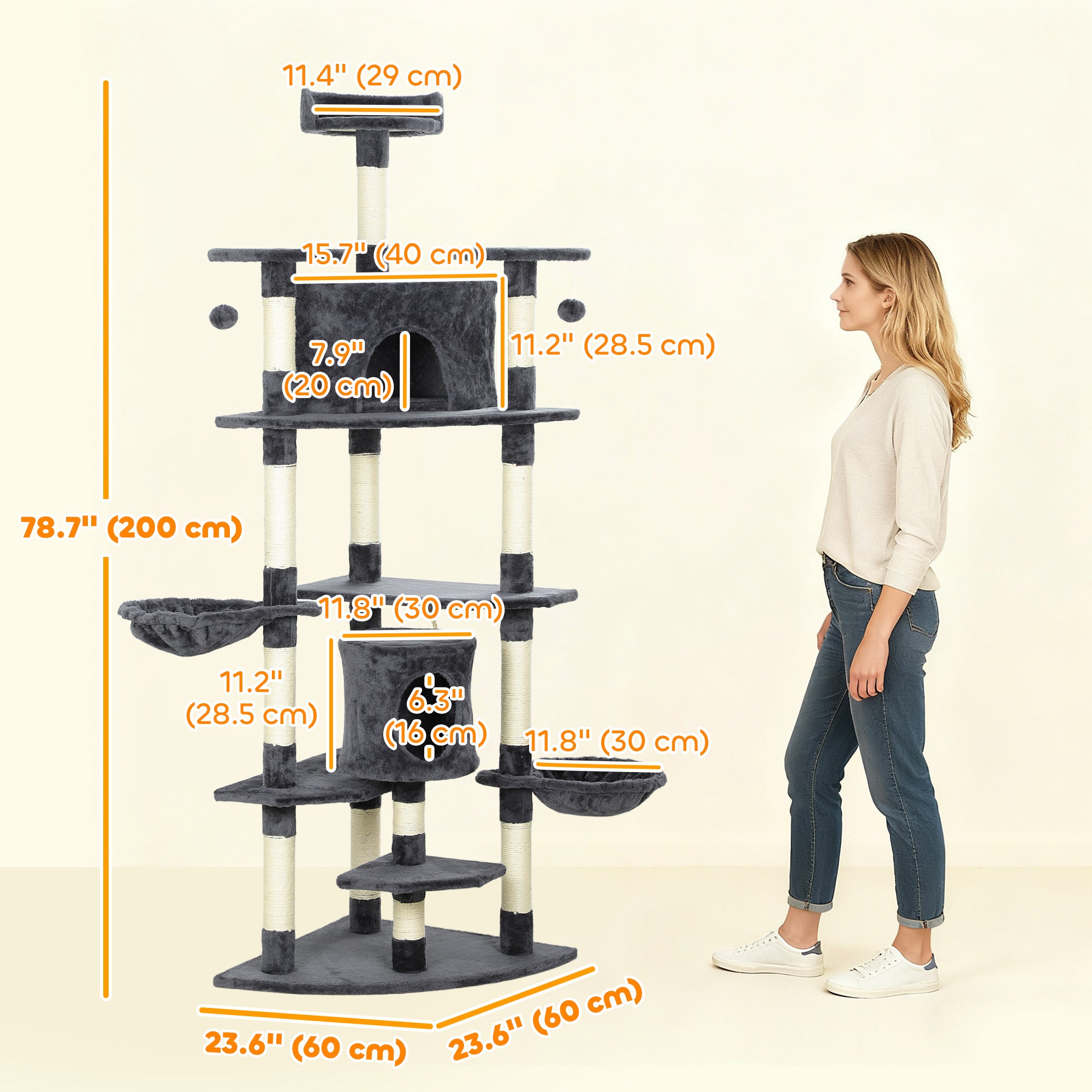 79" Cat Tree Tower, Large Cat Condo Furniture, Multi-Level Cat Tower with Scratching Posts, Cozy Hammock, Dangling Balls - Dark Grey