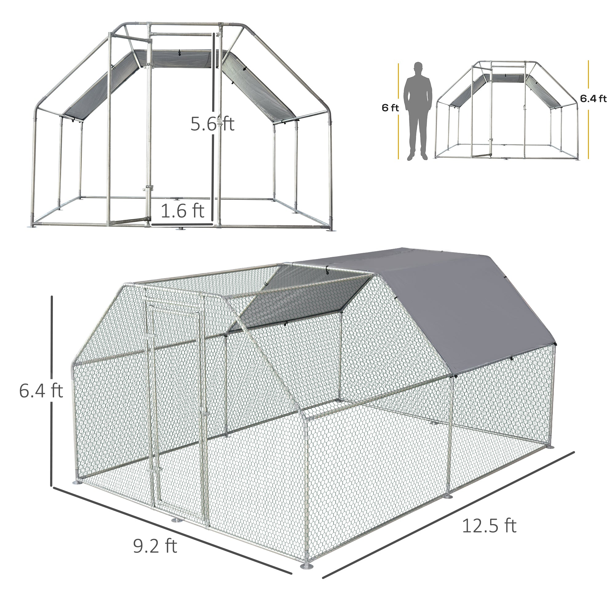 PawHut Large Chicken Coop Metal Chicken Run with Waterproof and Anti-UV Cover, Flat Shaped Walk-in Fence Cage Hen House for Outdoor and Yard Farm Use, 1.3" Tube Diameter, 9' x 12' x 6.5'