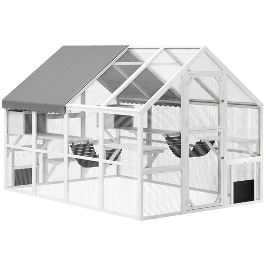 Extra Large Catio Outdoor Cat Enclosure, 110"L Wooden Feral House with Weatherproof Canopy, Bridges, Resting Boxes, Platforms, Walk in Cat Cage for 3–6 Cats, White