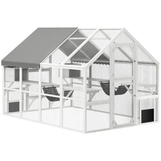 110"L Large Catio Outdoor Cat Enclosure for Multiple Kittens, 56 sq.ft Wooden Cat House with Waterproof Cover, Walk in Kitty Cage Kennel with 2 Condos, 6 Platforms, Bridge, Doors, White