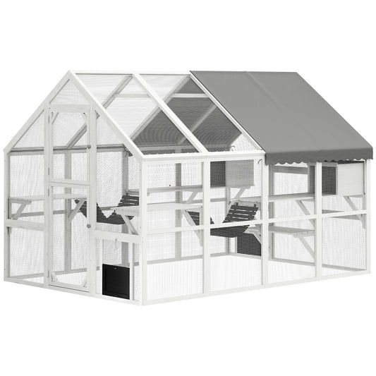 110"L Large Catio Outdoor Cat Enclosure for Multiple Kittens, 56 sq.ft Wooden Cat House with Waterproof Cover, Walk in Kitty Cage Kennel with 2 Condos, 6 Platforms, Bridge, Doors, White